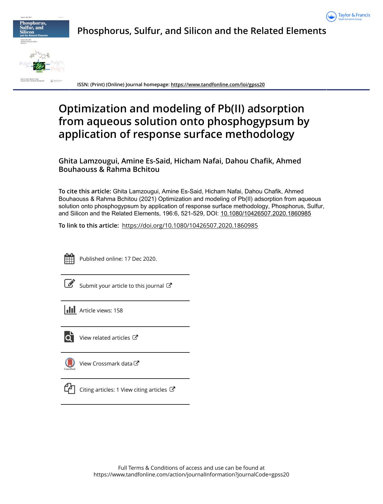Optimization and modeling of Pb(II) adsorption from aqueous solution onto phosphogypsum by application of response surface methodology by Lamzougui Ghita & Es-Said Amine & Nafai Hicham & Chafik Dahou & Bouhaouss Ahmed & Bchitou Rahma