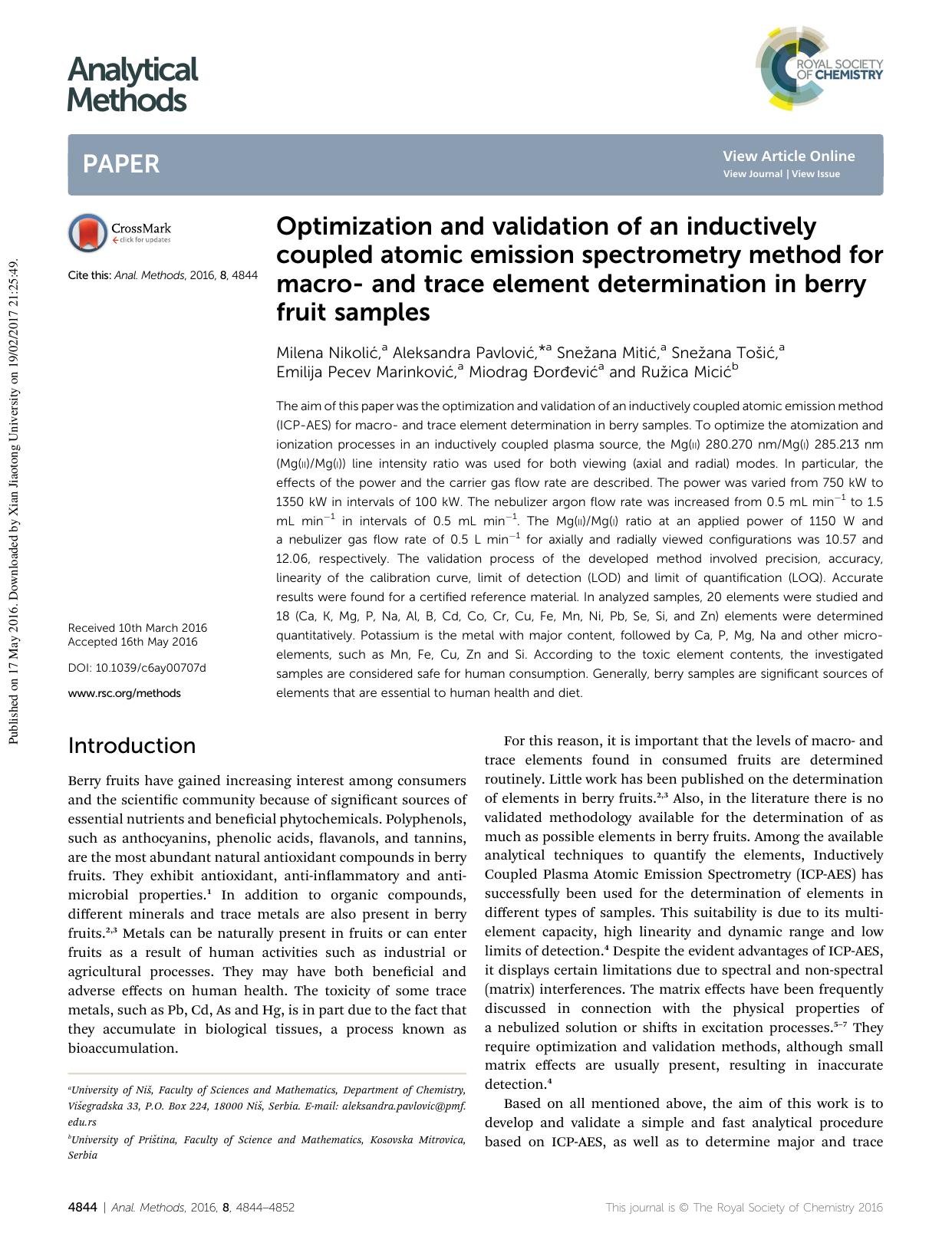 Optimization and validation of an inductively coupled atomic emission spectrometry method for macro- and trace element determination in berry fruit samples by unknow