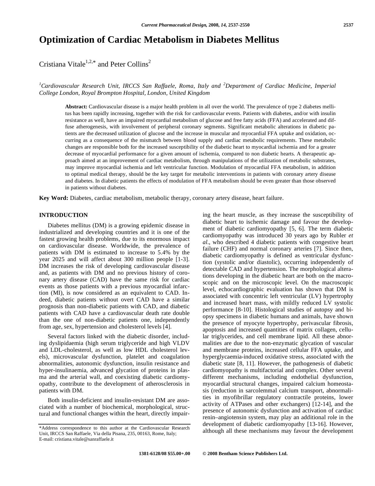 Optimization of Cardiac Metabolism in Diabetes Mellitus by Cristiana Vitale ; Peter Collins