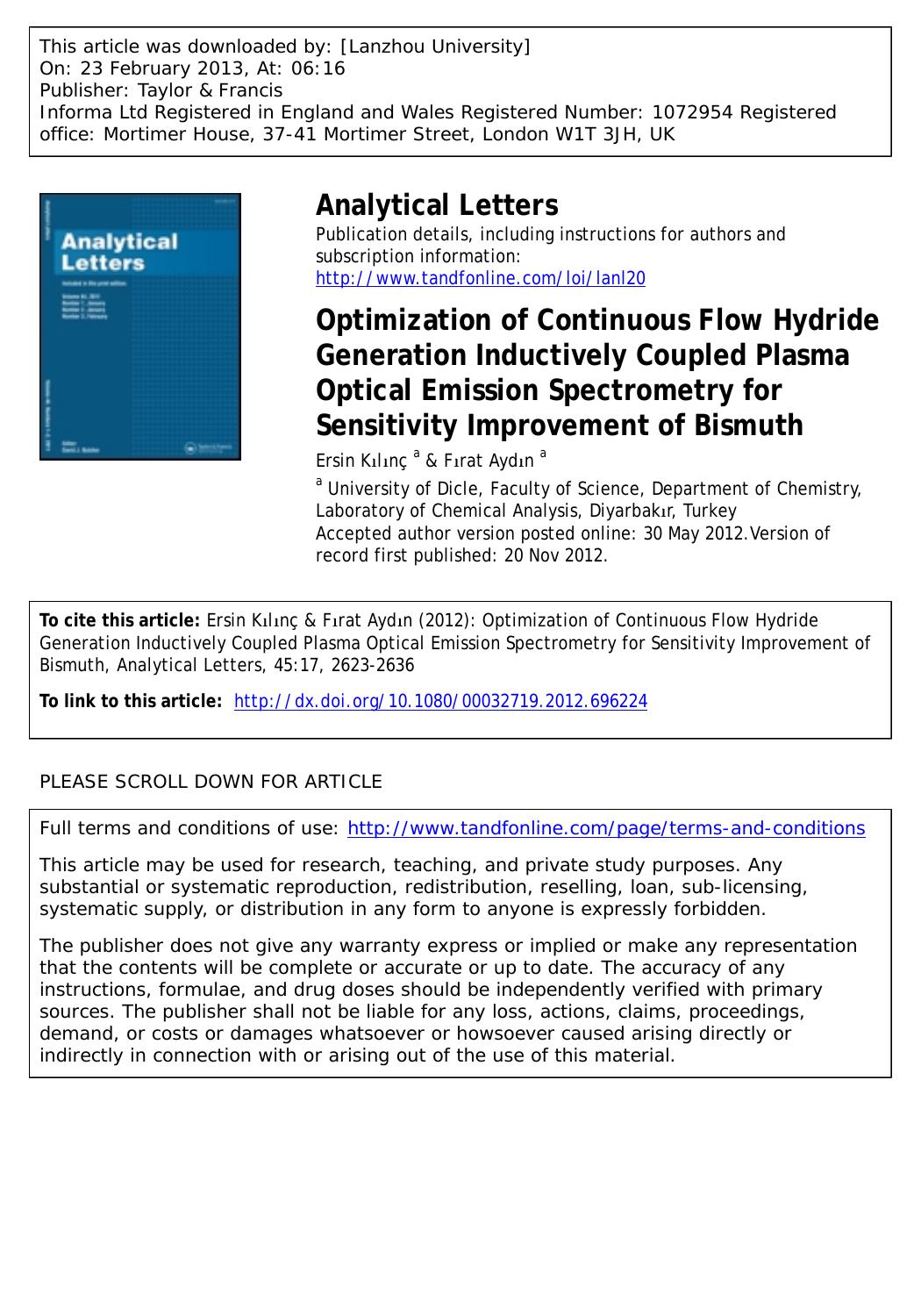 Optimization of Continuous Flow Hydride Generation Inductively Coupled Plasma Optical Emission Spectrometry for Sensitivity Improvement of Bismuth by Ersin Kılınç & Fırat Aydın