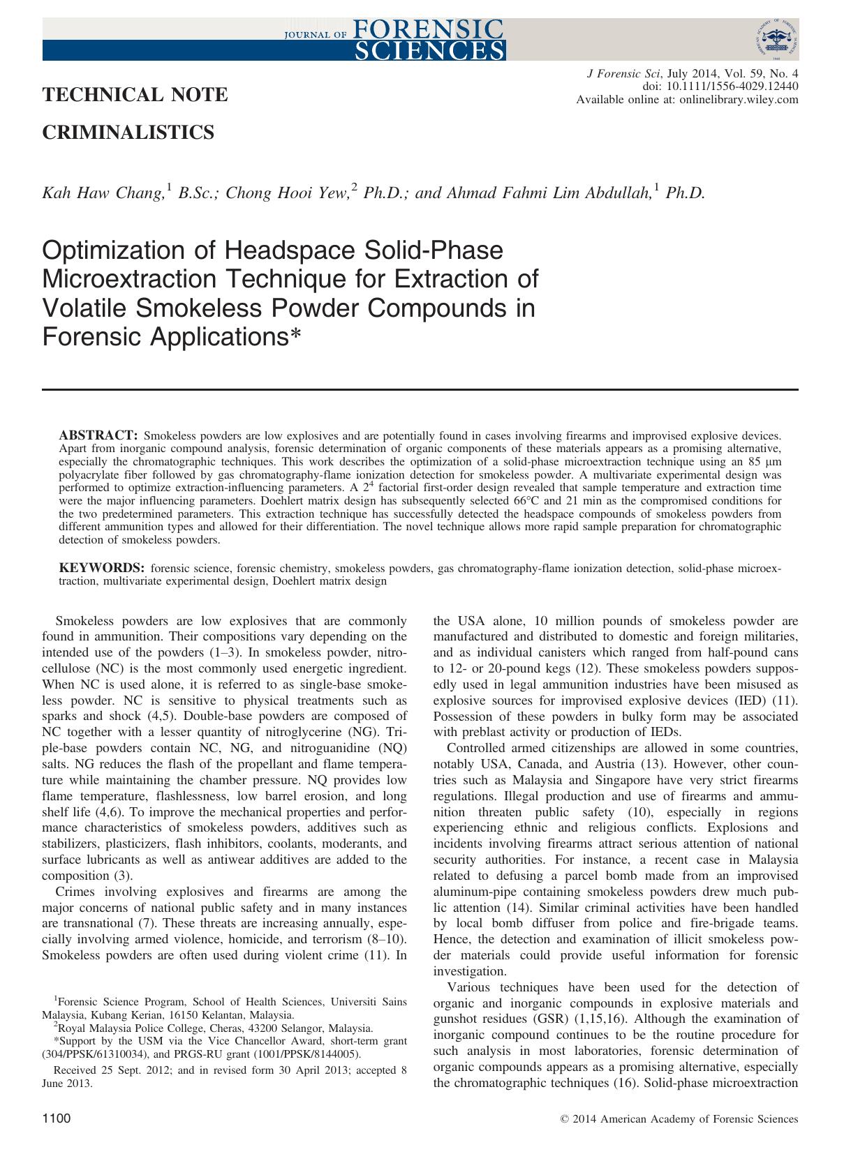 Optimization of Headspace SolidPhase Microextraction Technique for Extraction of Volatile Smokeless Powder Compounds in Forensic Applications by Unknown