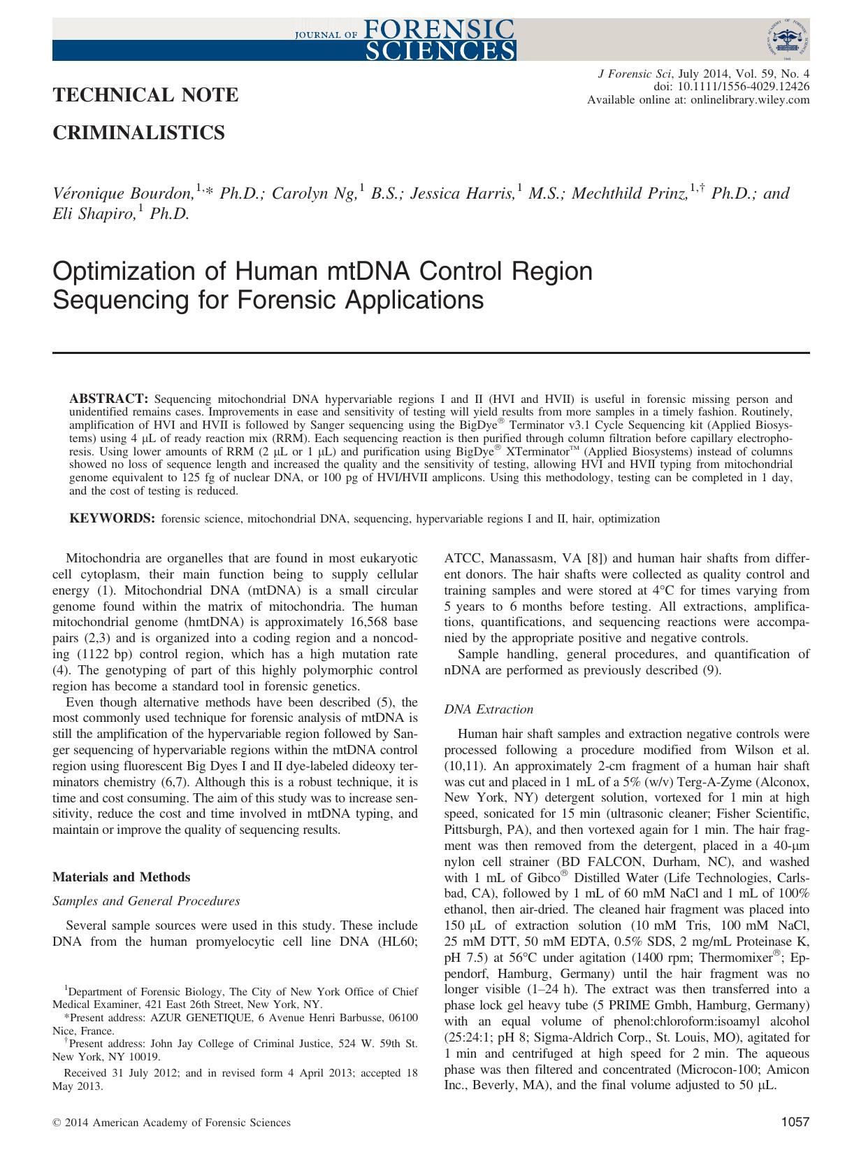 Optimization of Human mtDNA Control Region Sequencing for Forensic Applications by Unknown
