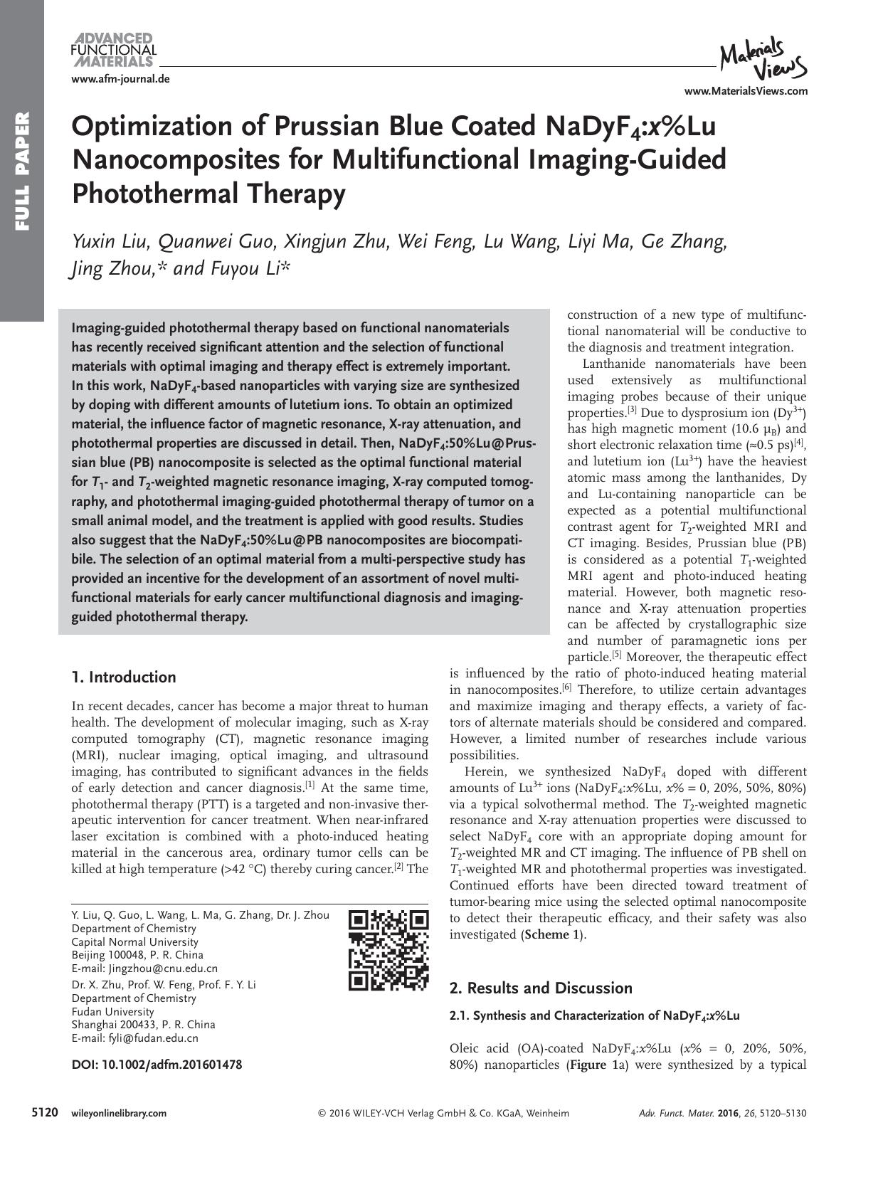 Optimization of Prussian Blue Coated NaDyF<sub>4<sub>:<i>x<i>&#x00025;Lu Nanocomposites for Multifunctional Imaging&#x02010;Guided Photothermal Therapy by Unknown