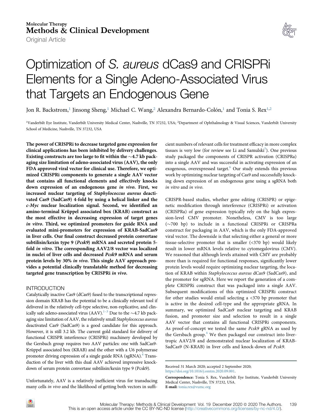 Optimization of S.&nbsp;aureus dCas9 and CRISPRi Elements for a Single Adeno-Associated Virus that Targets an Endogenous Gene by Jon R. Backstrom & Jinsong Sheng & Michael C. Wang & Alexandra Bernardo-Colón & Tonia S. Rex