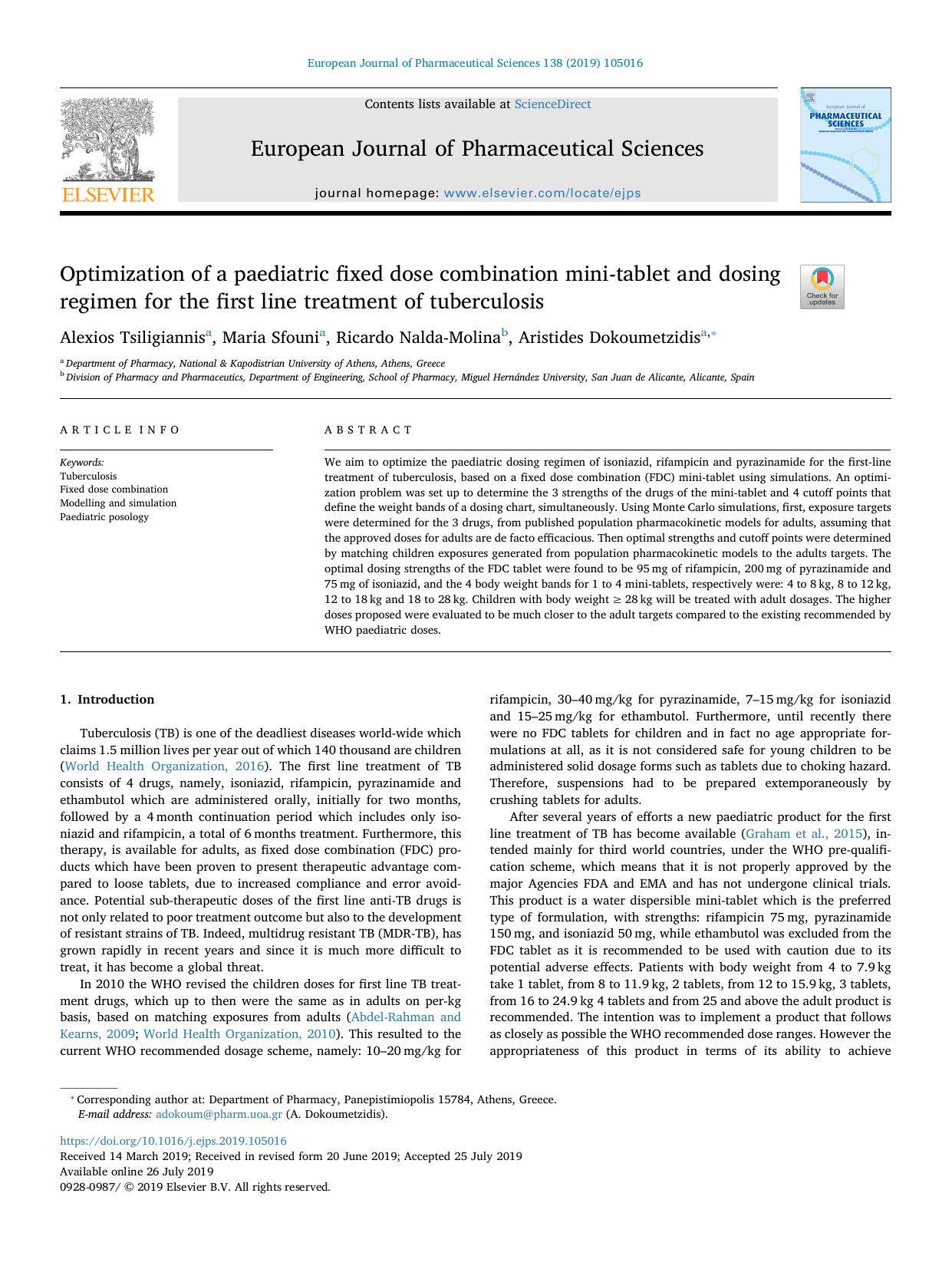 Optimization of a paediatric fixed dose combination mini-tablet and dosing regimen for the first line treatment of tuberculosis by Alexios Tsiligiannis & Maria Sfouni & Ricardo Nalda-Molina & Aristides Dokoumetzidis