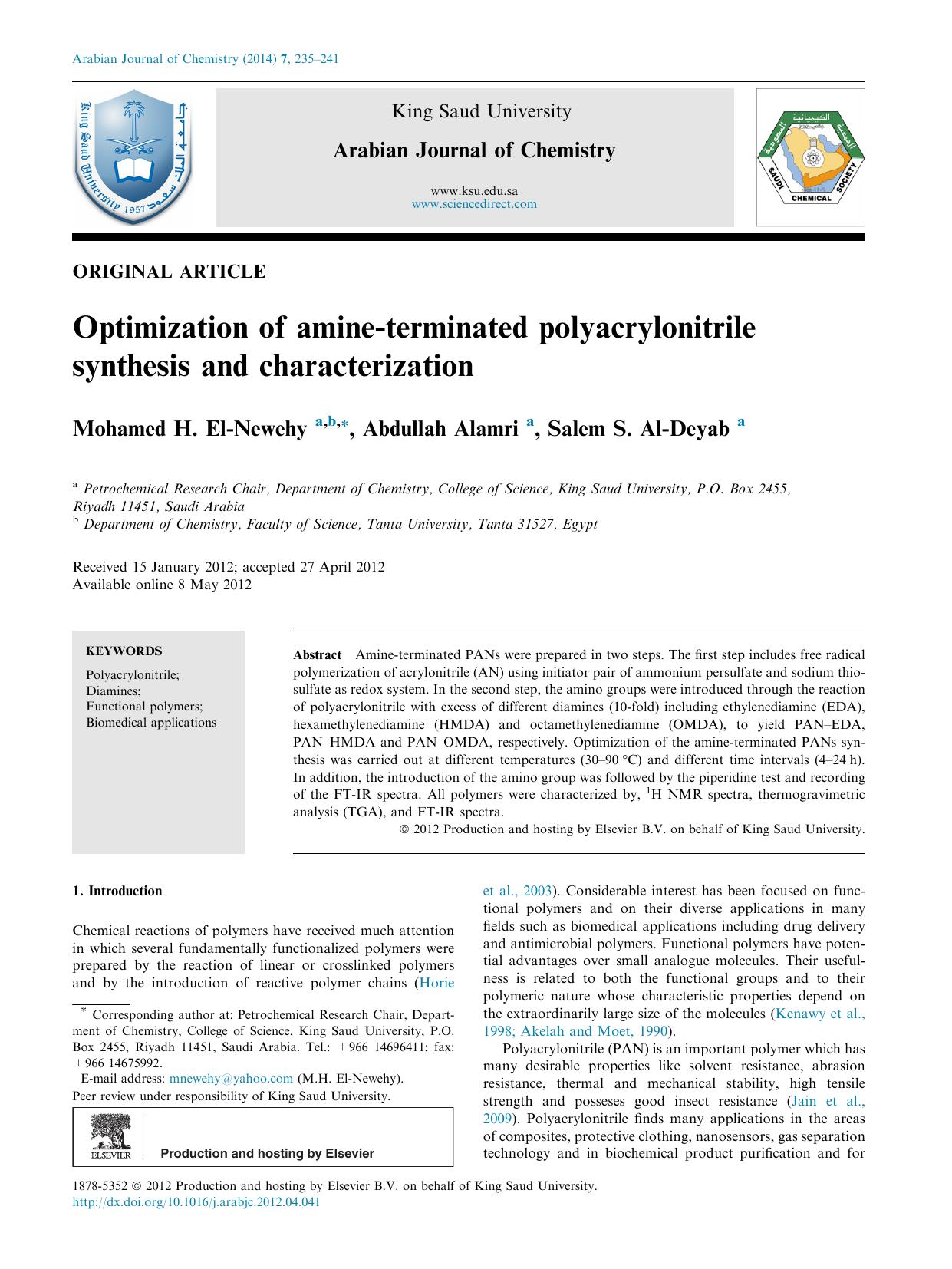 Optimization of amine-terminated polyacrylonitrile synthesis and characterization by Mohamed H. El-Newehy & Abdullah Alamri & Salem S. Al-Deyab