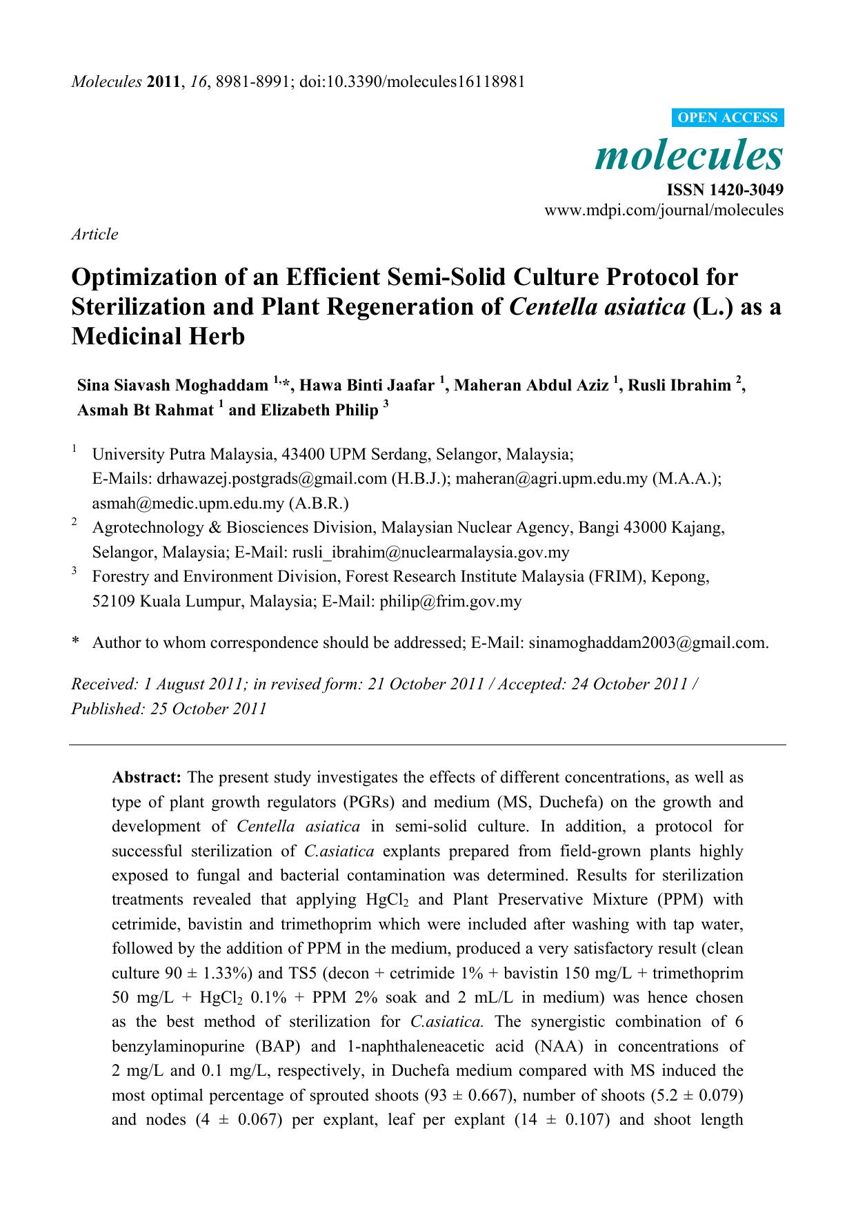 Optimization of an Efficient Semi-Solid Culture Protocol for Sterilization and Plant Regeneration of Centella asiatica (L.) as a Medicinal Herb by unknow