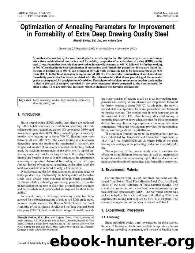 Optimization of annealing parameters for improvement in formability of extra deep drawing quality steel by Unknown