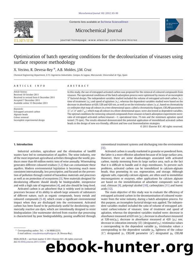 Optimization of batch operating conditions for the decolourization of vinasses using surface response methodology by X. Vecino & R. Devesa-Rey & A.B. Moldes & J.M. Cruz