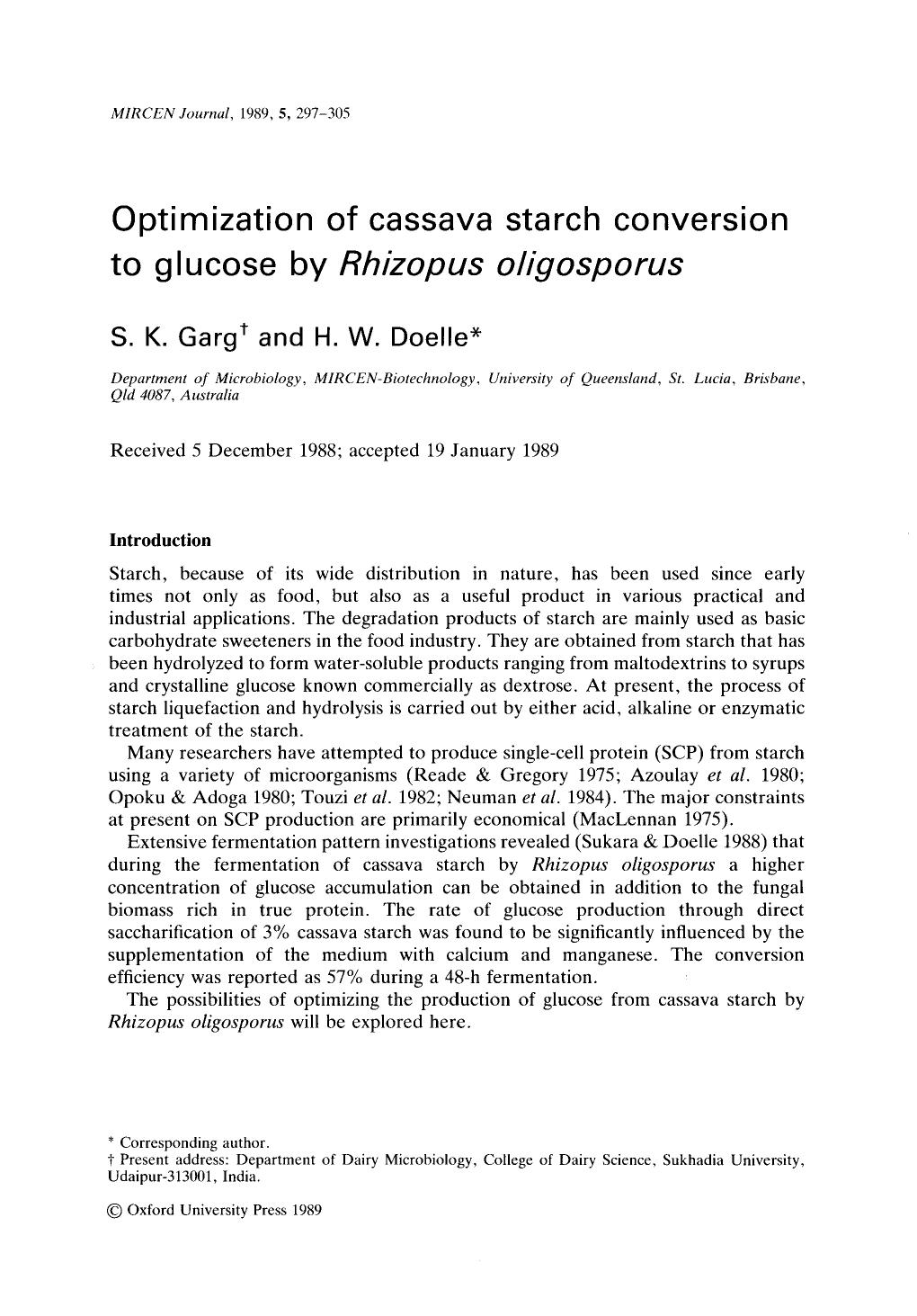 Optimization of cassava starch conversion to glucose by <Emphasis Type="Italic">Rhizopus oligosporus <Emphasis> by Unknown