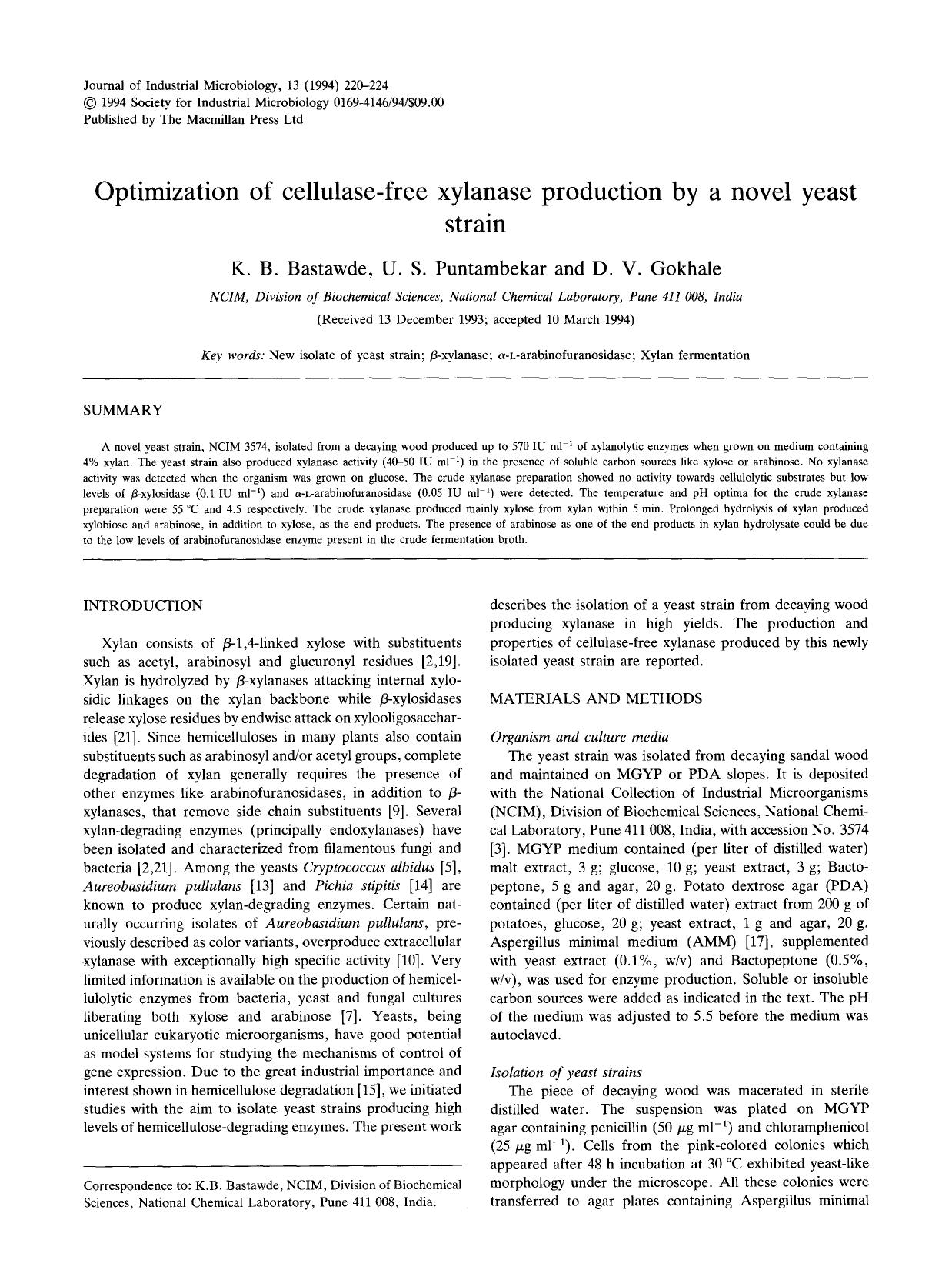 Optimization of cellulase-free xylanase production by a novel yeast strain by Unknown