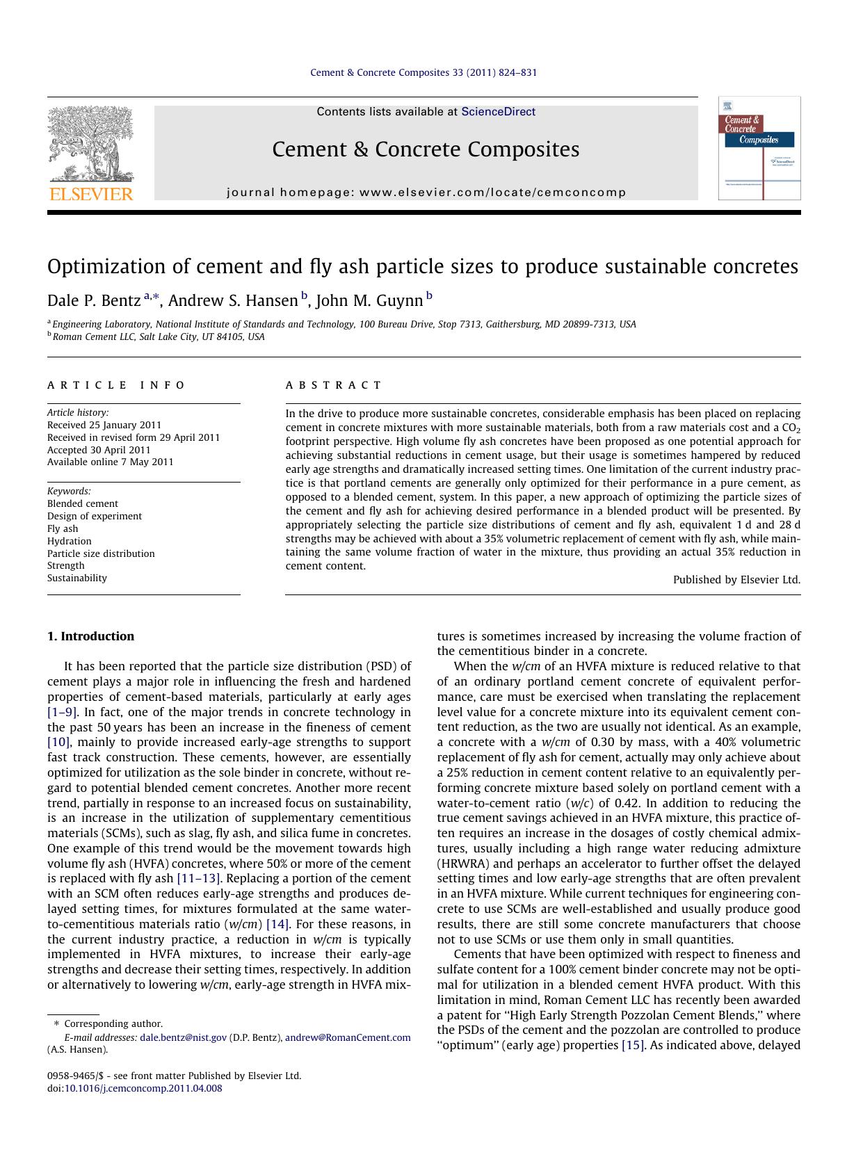 Optimization of cement and fly ash particle sizes to produce sustainable concretes by Dale P. Bentz & Andrew S. Hansen & John M. Guynn