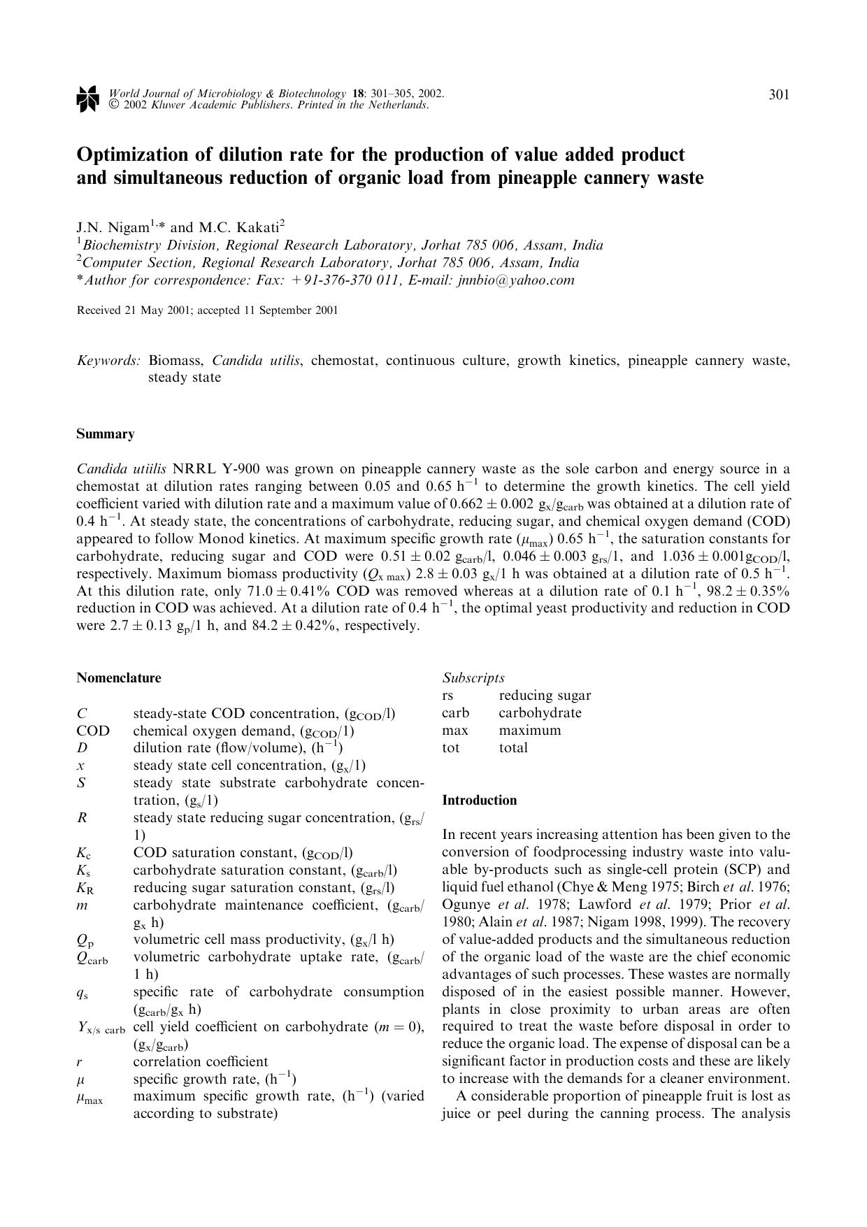 Optimization of dilution rate for the production of value added product and simultaneous reduction of organic load from pineapple cannery waste by Unknown