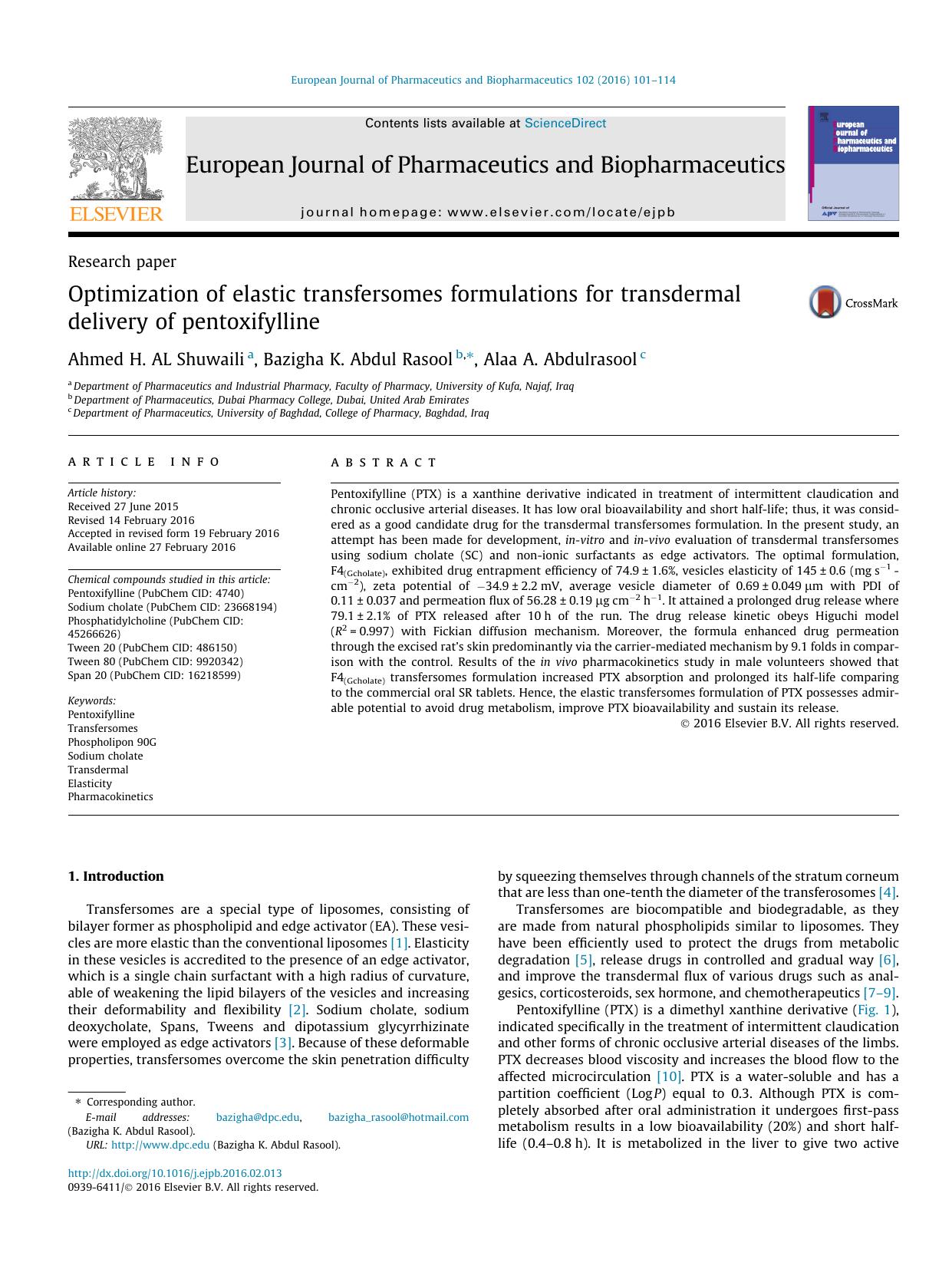 Optimization of elastic transfersomes formulations for transdermal delivery of pentoxifylline by Ahmed H. AL Shuwaili & Bazigha K. Abdul Rasool & Alaa A. Abdulrasool