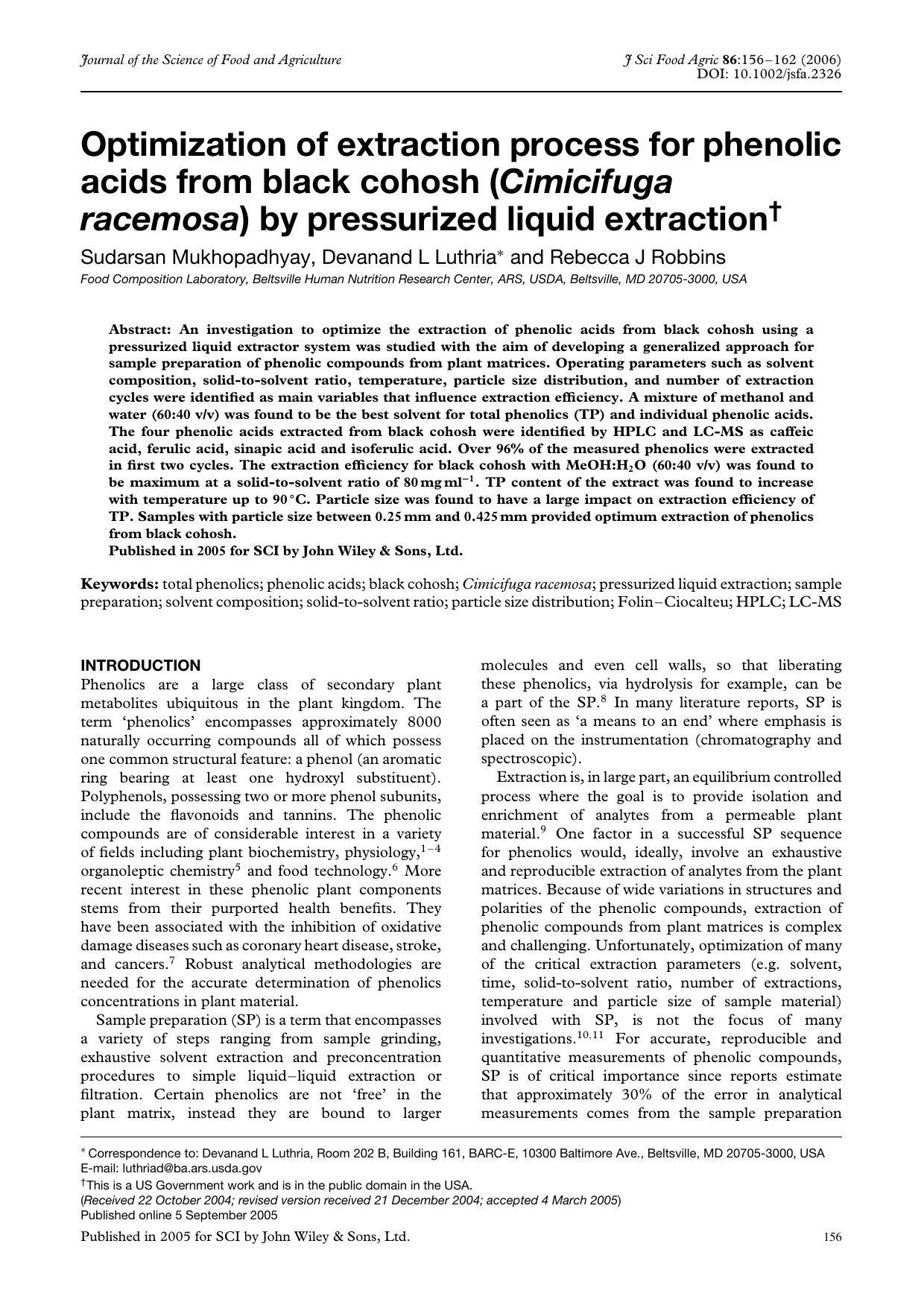 Optimization of extraction process for phenolic acids from black cohosh (Cimicifuga racemosa) by pressurized liquid extraction by Unknown