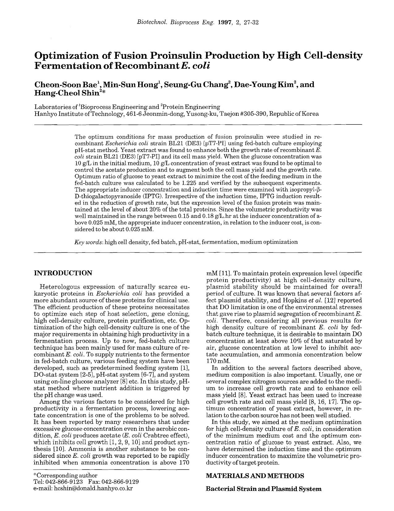 Optimization of fusion proinsulin production by high cell-density fermentation of recombinant <Emphasis Type="Italic">E. coli <Emphasis> by Unknown