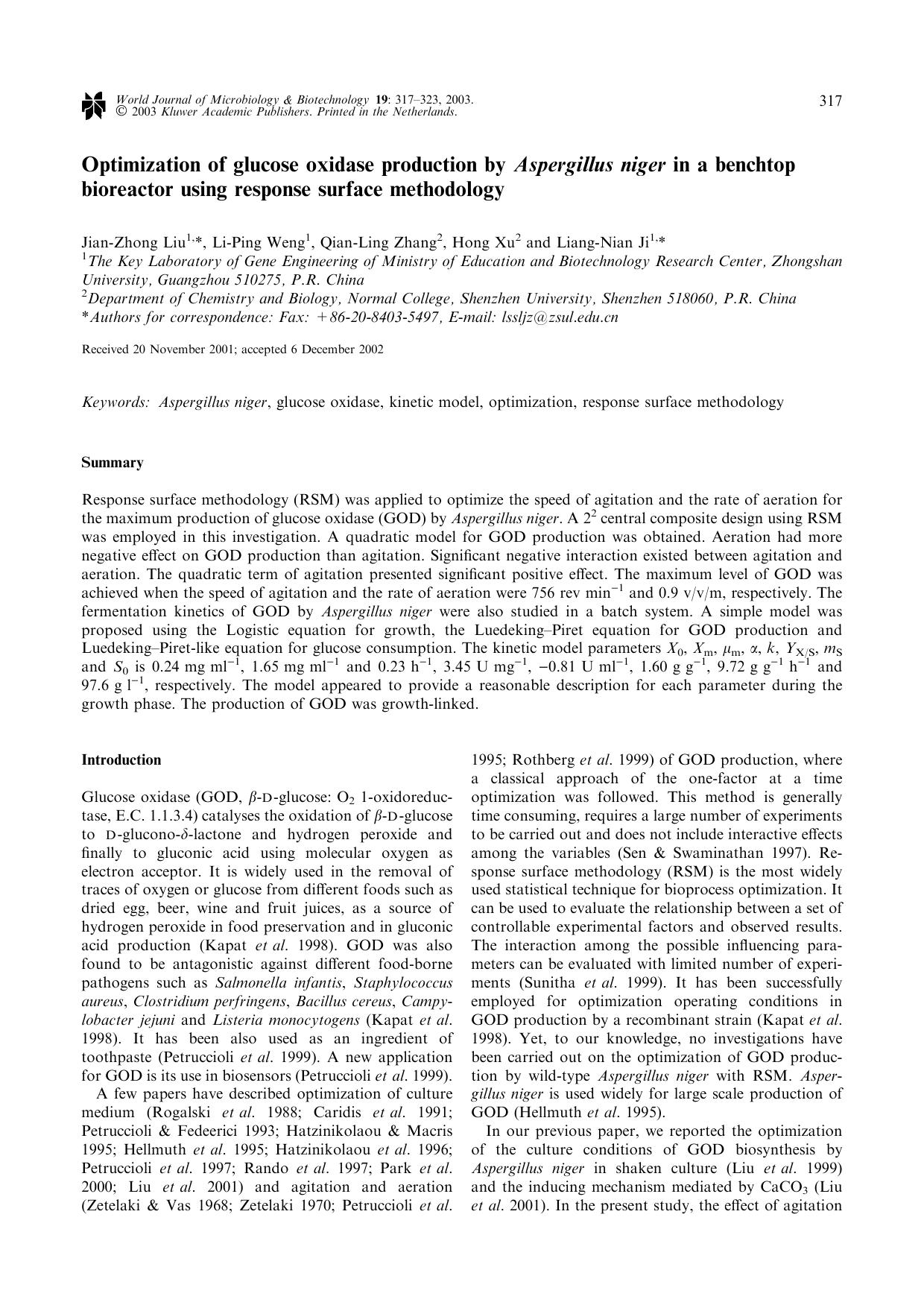 Optimization of glucose oxidase production by <Emphasis Type="Italic">Aspergillus niger<Emphasis> in a benchtop bioreactor using response surface methodology by Unknown