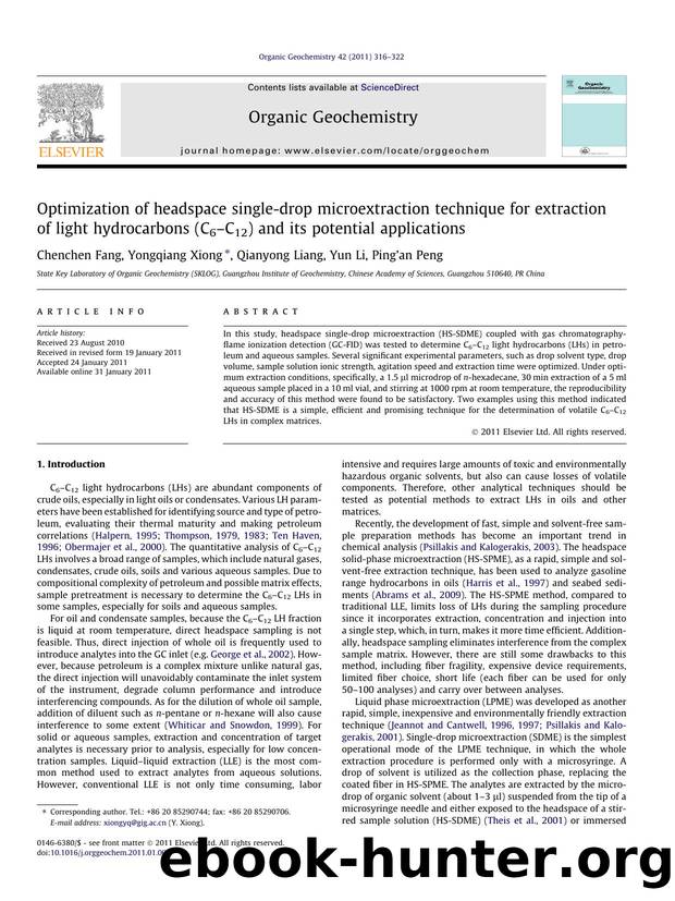 Optimization of headspace single-drop microextraction technique for extraction of light hydrocarbons (C6Ã¢â¬âC12) and its potential applications by Chenchen Fang