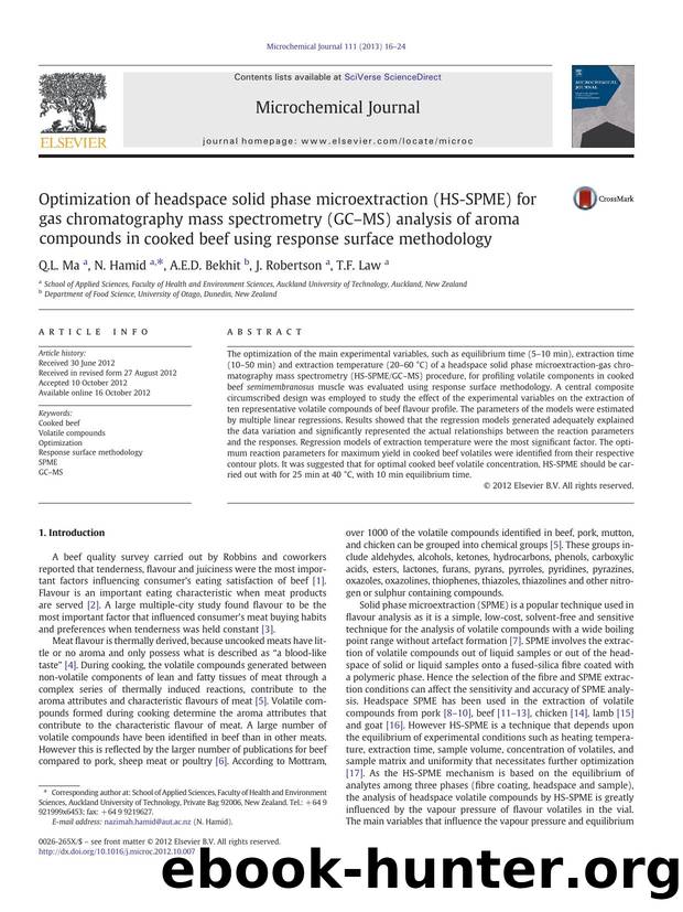 Optimization of headspace solid phase microextraction (HS-SPME) for gas chromatography mass spectrometry (GCâMS) analysis of aroma compounds in cooked beef using response surface methodology by Q.L. Ma & N. Hamid & A.E.D. Bekhit & J. Robertson & T.F. Law