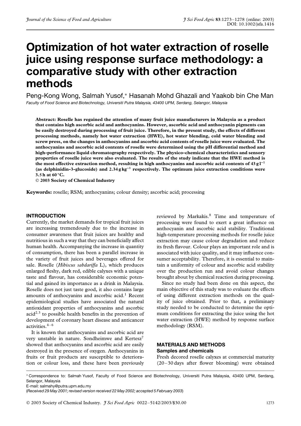 Optimization of hot water extraction of roselle juice using response surface methodology: a comparative study with other extraction methods by Unknown