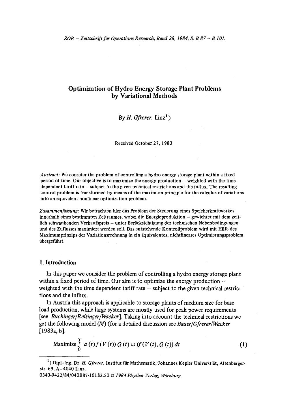 Optimization of hydro energy storage plant problems by variational methods by Unknown