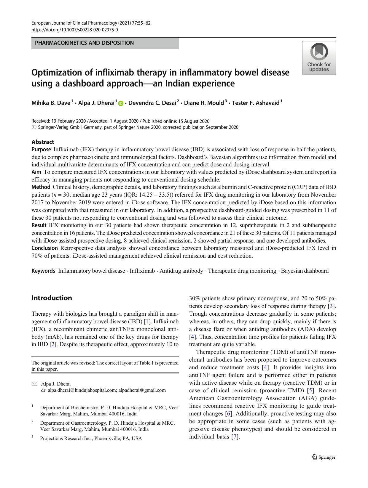 Optimization of infliximab therapy in inflammatory bowel disease using a dashboard approachâan Indian experience by Mihika B. Dave & Alpa J. Dherai & Devendra C. Desai & Diane R. Mould & Tester F. Ashavaid