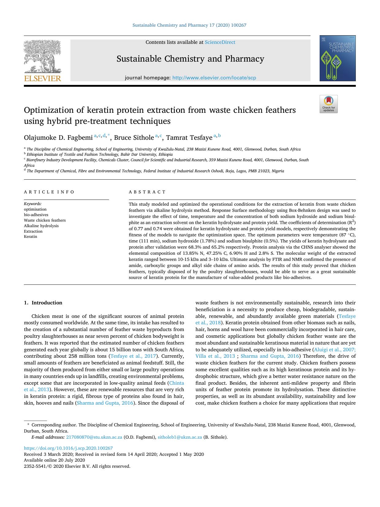 Optimization of keratin protein extraction from waste chicken feathers using hybrid pre-treatment techniques by Olajumoke D. Fagbemi & Bruce Sithole & Tamrat Tesfaye