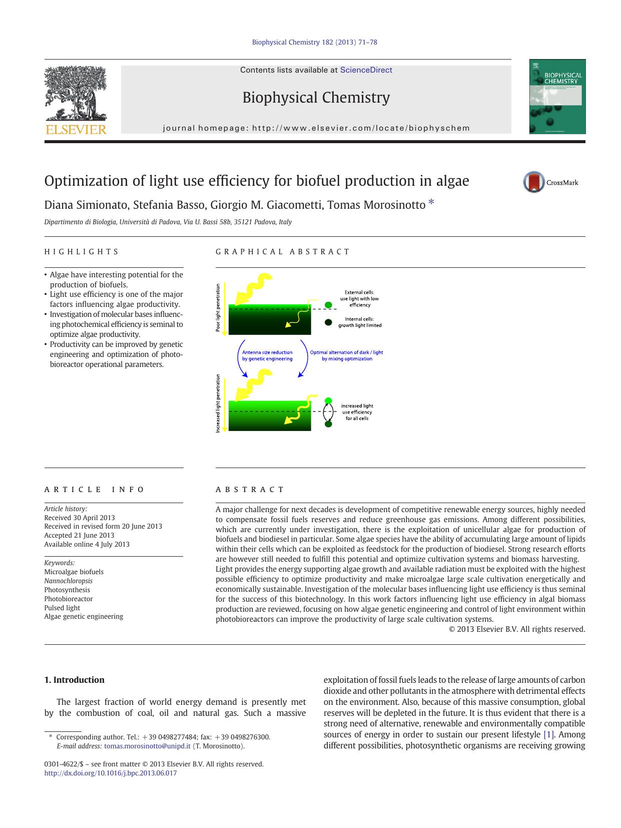 Optimization of light use efficiency for biofuel production in algae by Diana Simionato & Stefania Basso & Giorgio M. Giacometti & Tomas Morosinotto