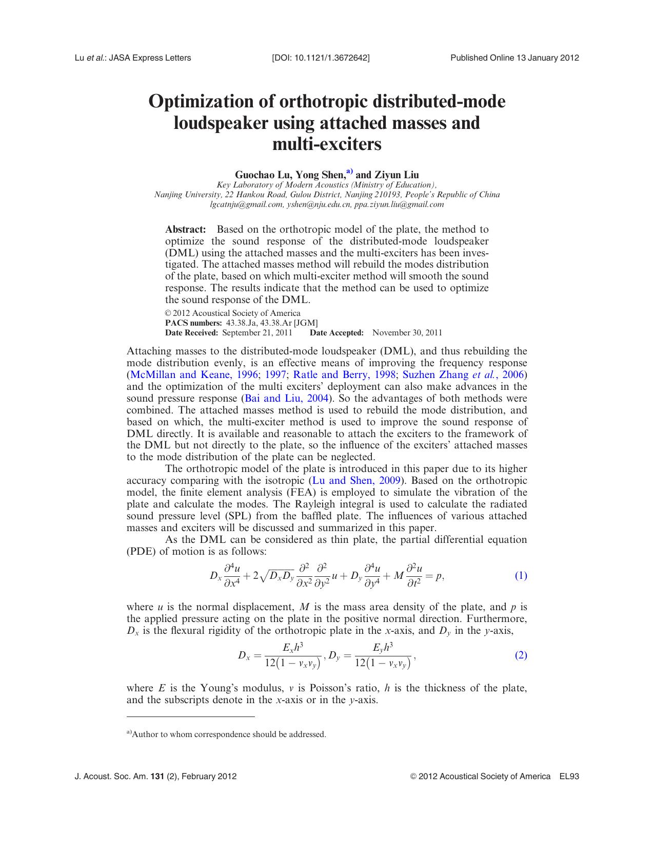 Optimization of orthotropic distributed-mode loudspeaker using attached masses and by Guochao Lu Yong Shen and Ziyun Liu