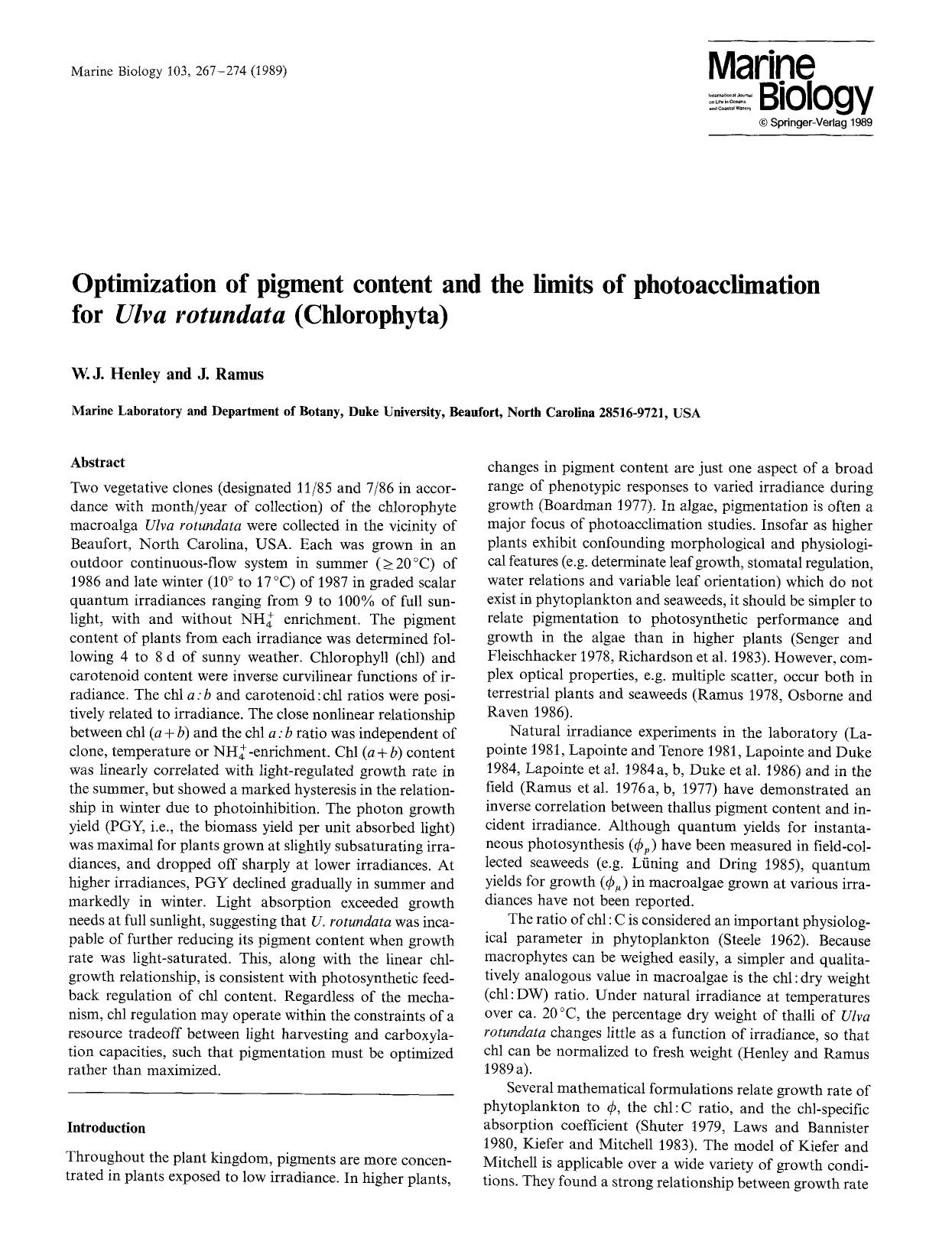 Optimization of pigment content and the limits of photoacclimation for <Emphasis Type="Italic">Ulva rotundata<Emphasis> (Chlorophyta) by Unknown