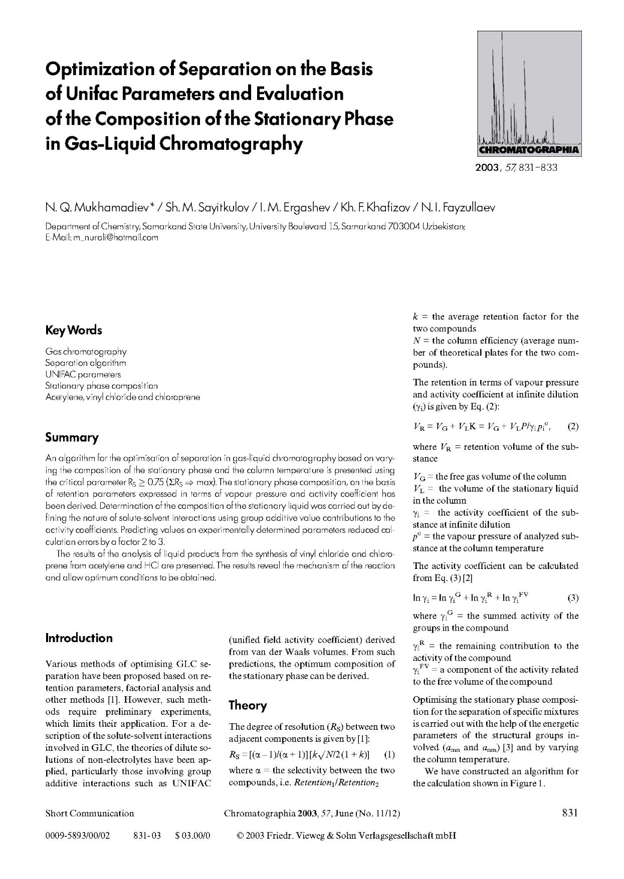 Optimization of separation on the basis of unifac parameters and evaluation of the composition of the stationary phase in gas-liquid chromatography by Unknown