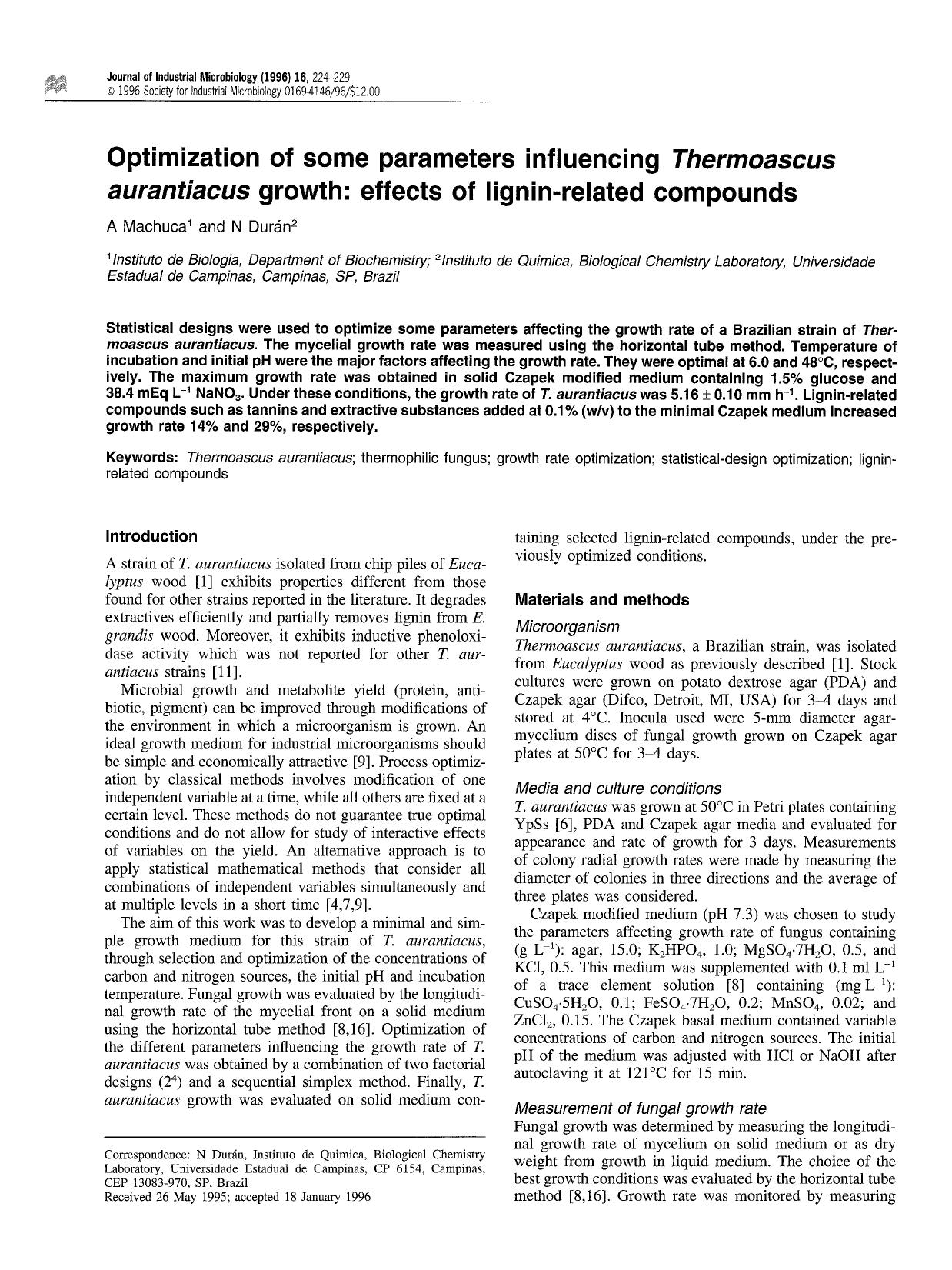 Optimization of some parameters influencing <Emphasis Type="Italic">Thermoascus aurantiacus <Emphasis> growth: Effects of lignin-related compounds by Unknown