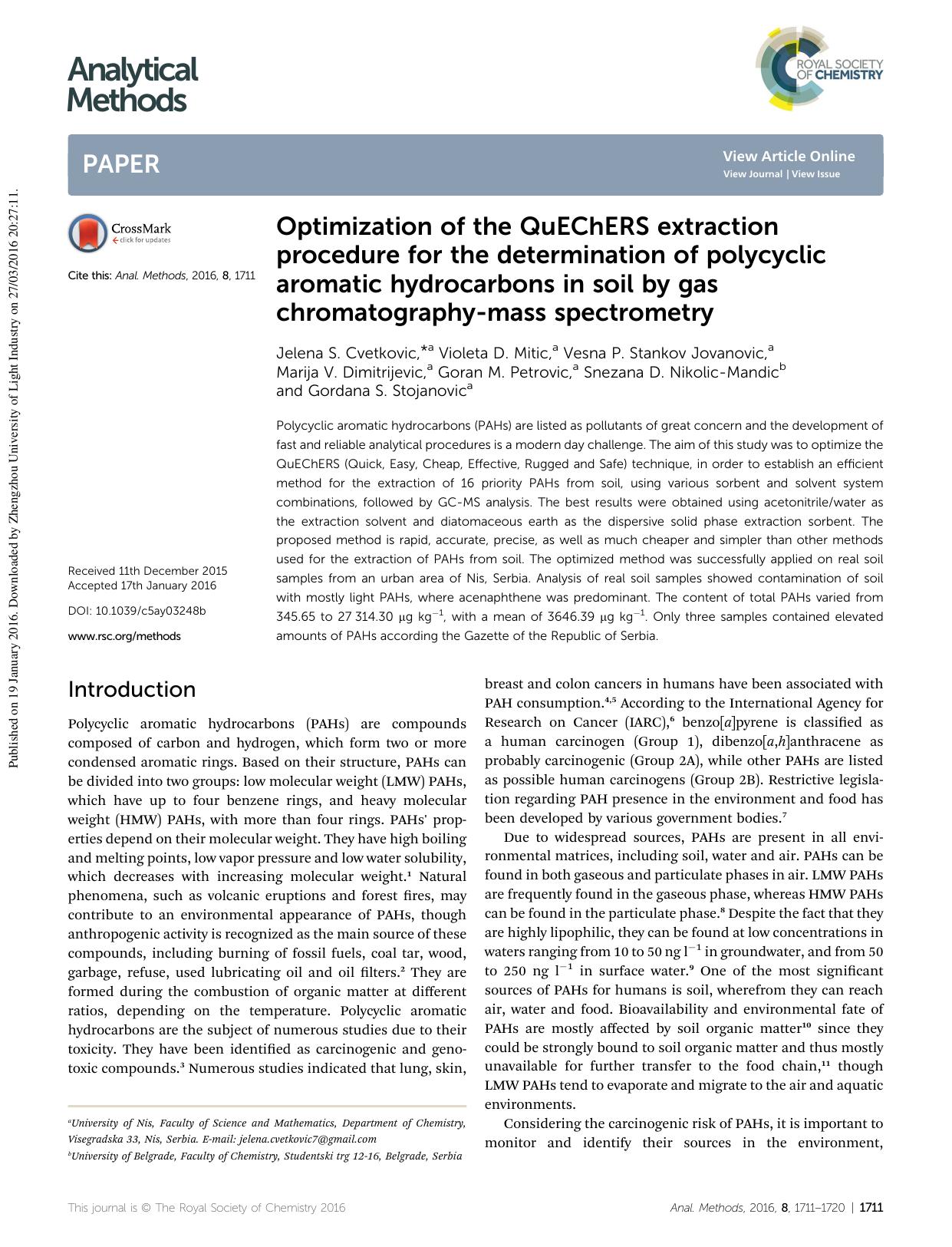 Optimization of the QuEChERS extraction procedure for the determination of polycyclic aromatic hydrocarbons in soil by gas chromatography-mass spectrometry by unknow