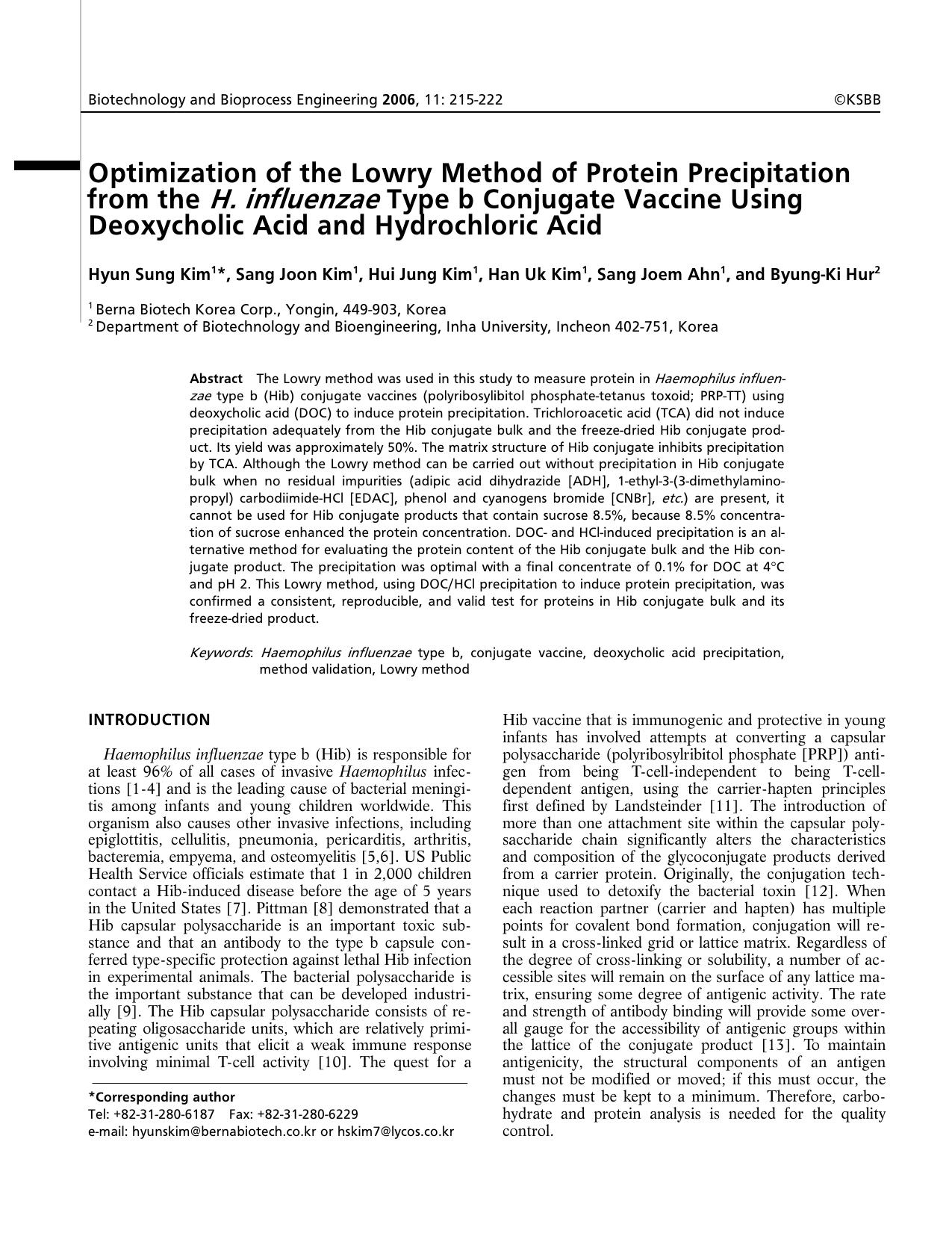 Optimization of the lowry method of protein precipitation from the <Emphasis Type="Italic">H. influenzae <Emphasis> type b conjugate vaccine using deoxycholic acid and hydrochloric acid by Unknown