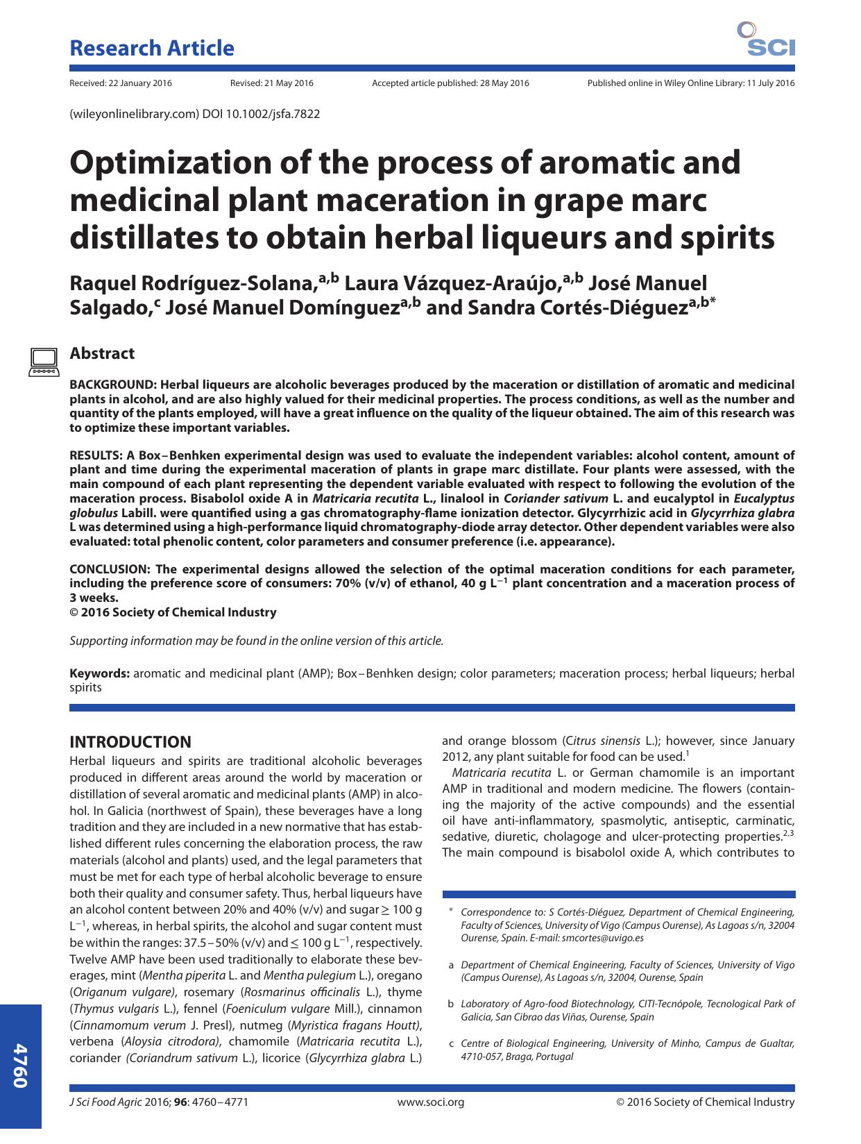 Optimization of the process of aromatic and medicinal plant maceration in grape marc distillates to obtain herbal liqueurs and spirits by Unknown