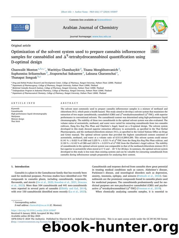 Optimization of the solvent system used to prepare cannabis inflorescence samples for cannabidiol and Î9-tetrahydrocannabinol quantification using D-optimal design by unknow