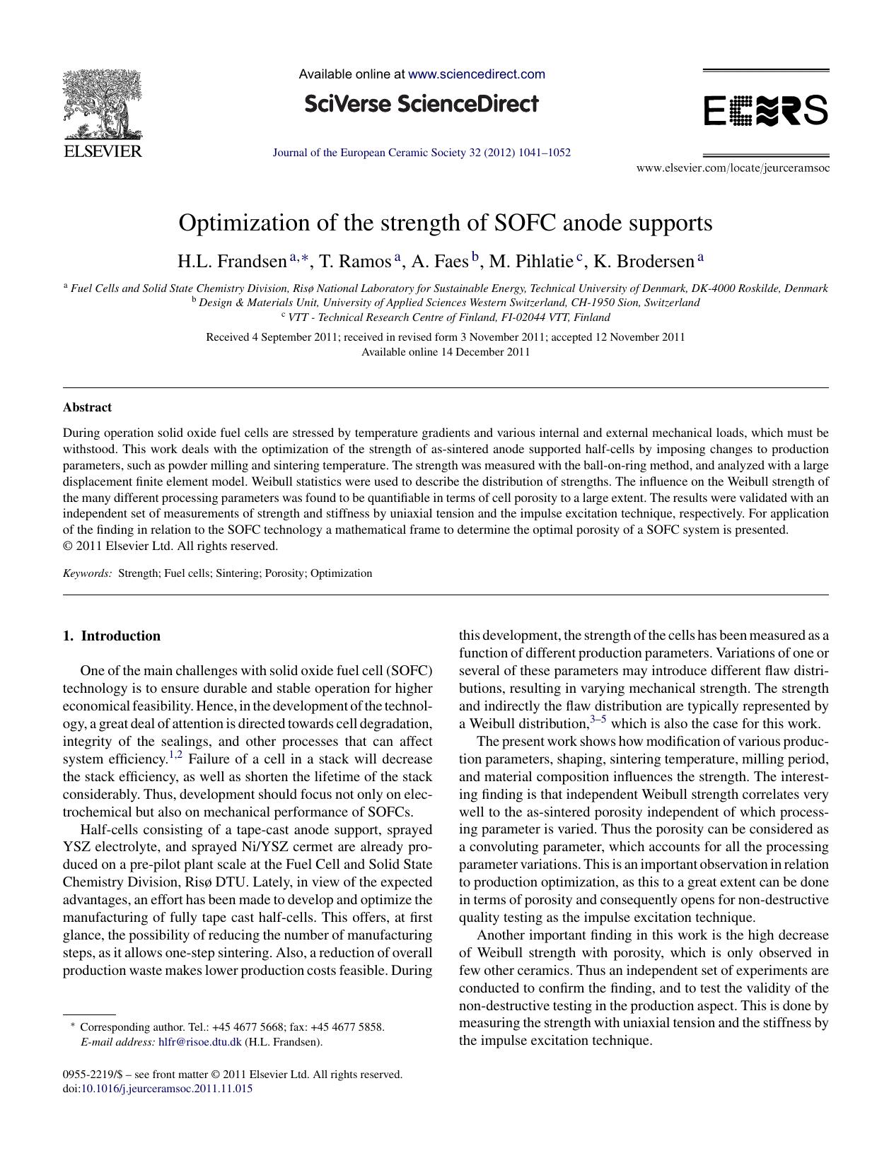 Optimization of the strength of SOFC anode supports by H.L. Frandsen