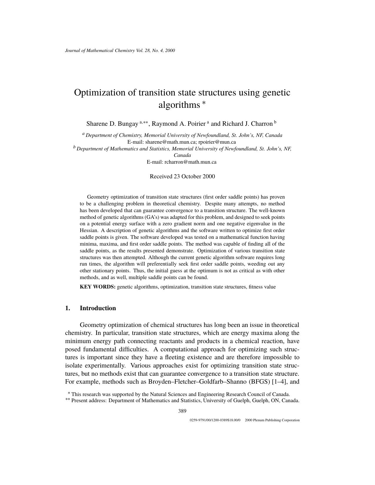 Optimization of transition state structures using genetic algorithms by Unknown