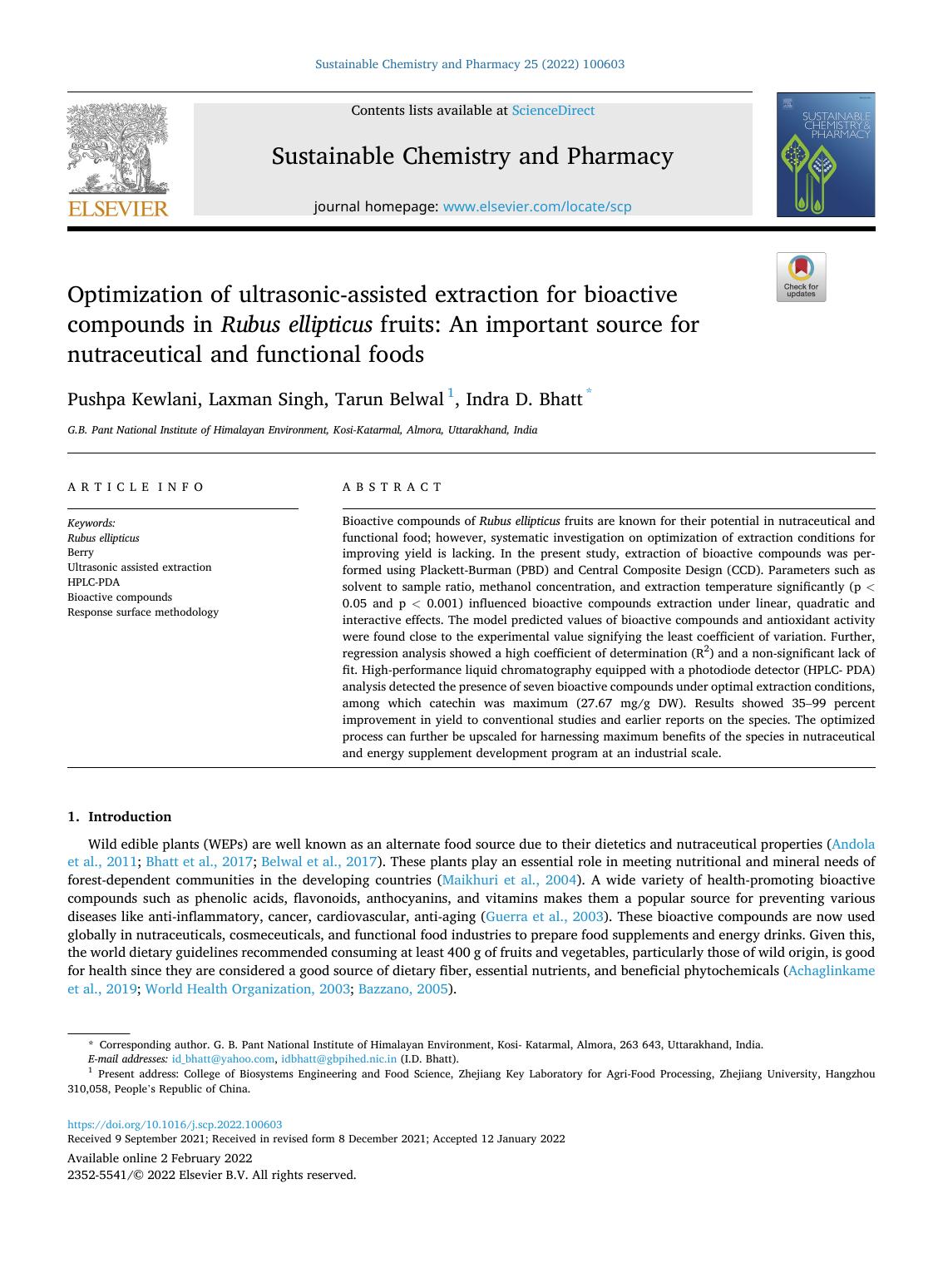 Optimization of ultrasonic-assisted extraction for bioactive compounds in Rubus ellipticus fruits: An important source for nutraceutical and functional foods by Pushpa Kewlani & Laxman Singh & Tarun Belwal & Indra D. Bhatt