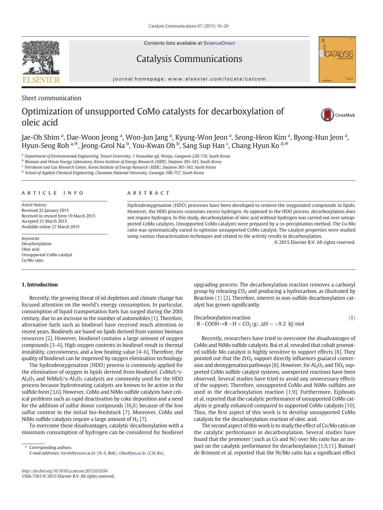 Optimization of unsupported CoMo catalysts for decarboxylation of oleic acid by unknow