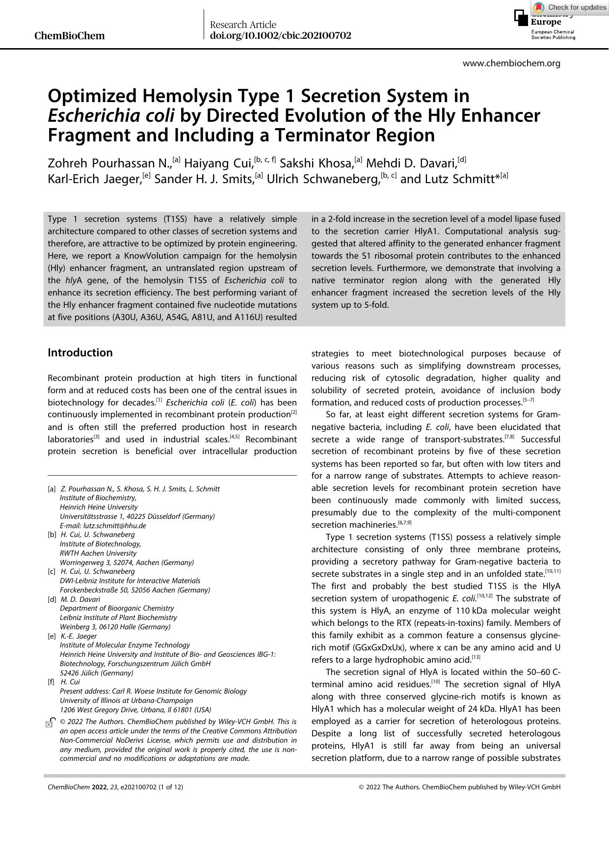 Optimized Hemolysin Type 1 Secretion System in Escherichia coli by Directed Evolution of the Hly Enhancer Fragment and Including a Terminator Region by Unknown