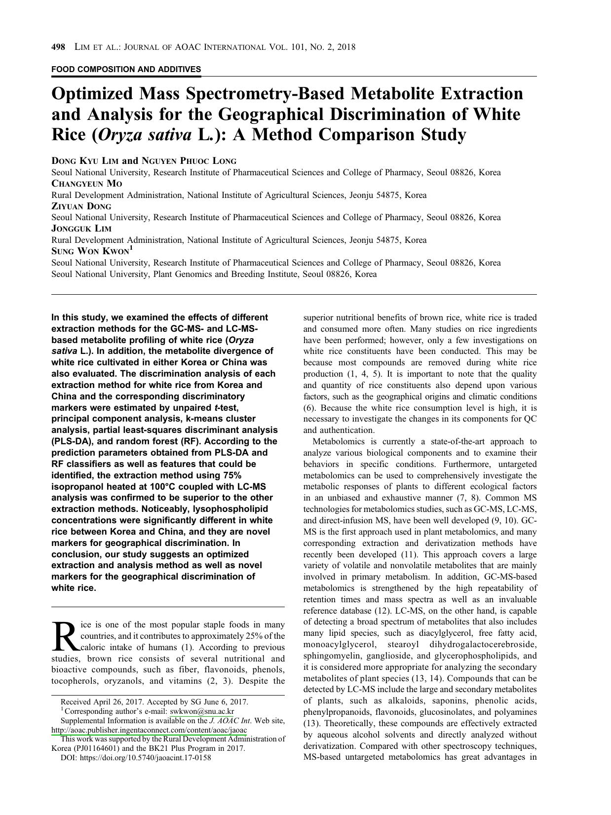 Optimized Mass Spectrometry-Based Metabolite Extraction and Analysis for the Geographical Discrimination of White Rice (<i>Oryza sativa<i> L<i>.<i>): A Method Comparison Study by Dong Kyu Lim ; Nguyen Phuoc Long ; Changyeun Mo ; Ziyuan Dong ; Jongguk Lim ; Sung Won Kwon