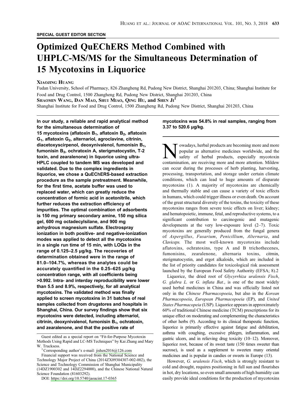 Optimized QuEChERS Method Combined with UHPLC-MSMS for the Simultaneous Determination of 15 Mycotoxins in Liquorice by Xiaojing Huang ; Shaomin Wang ; Dan Mao ; Shui Miao ; Qing Hu ; Shen Ji