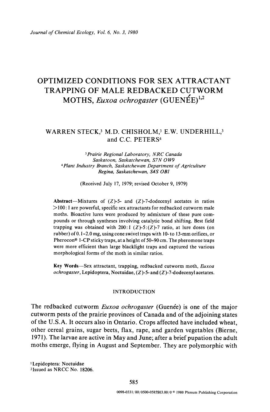 Optimized conditions for sex attractant trapping of male redbacked cutworm moths, <Emphasis Type="Italic">Euxoa ochrogaster <Emphasis> (Guen&#x00E9;e) by Unknown