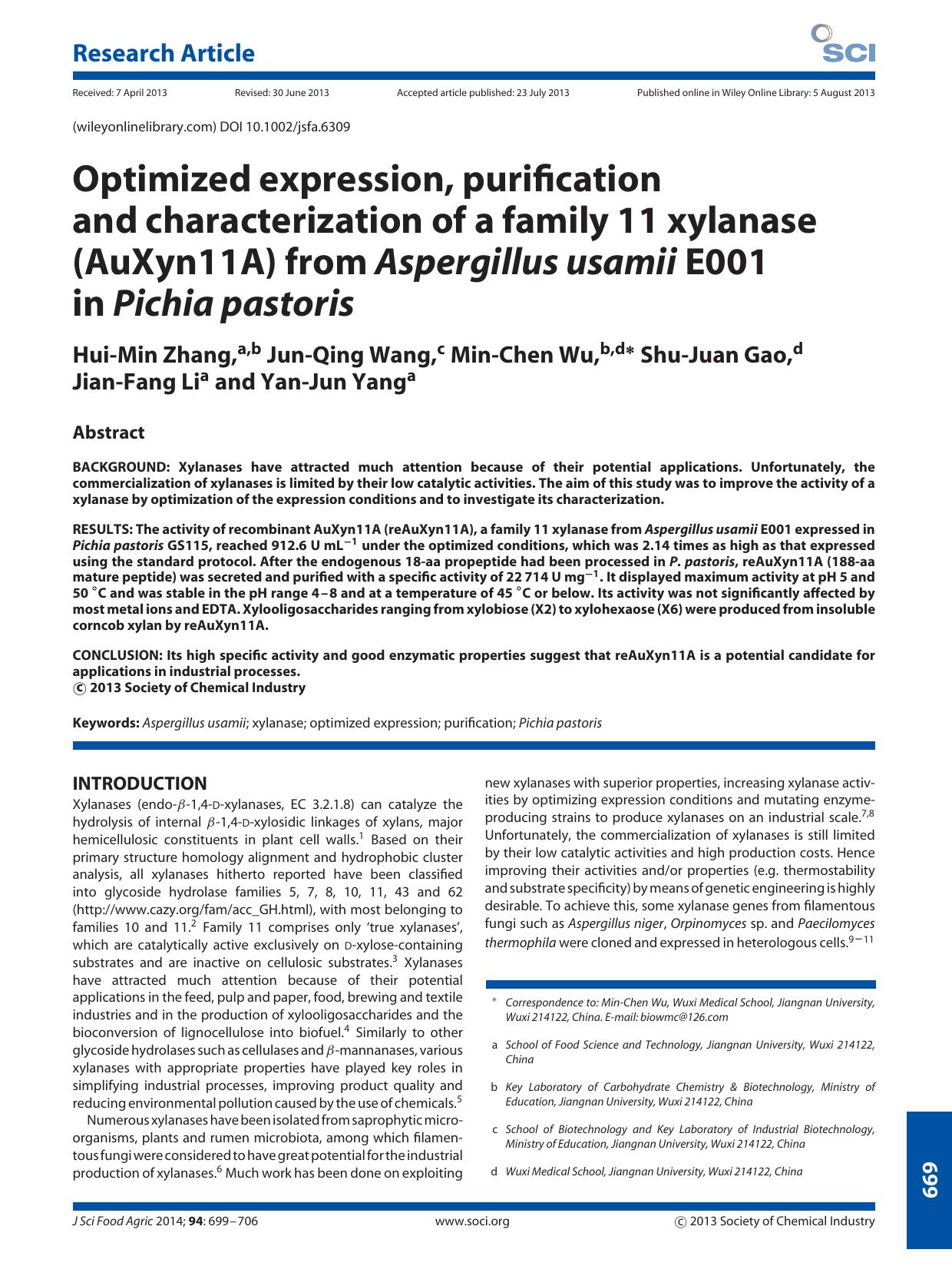 Optimized expression, purification and characterization of a family 11 xylanase (AuXyn11A) from Aspergillus usamii E001 in Pichia pastoris by Unknown