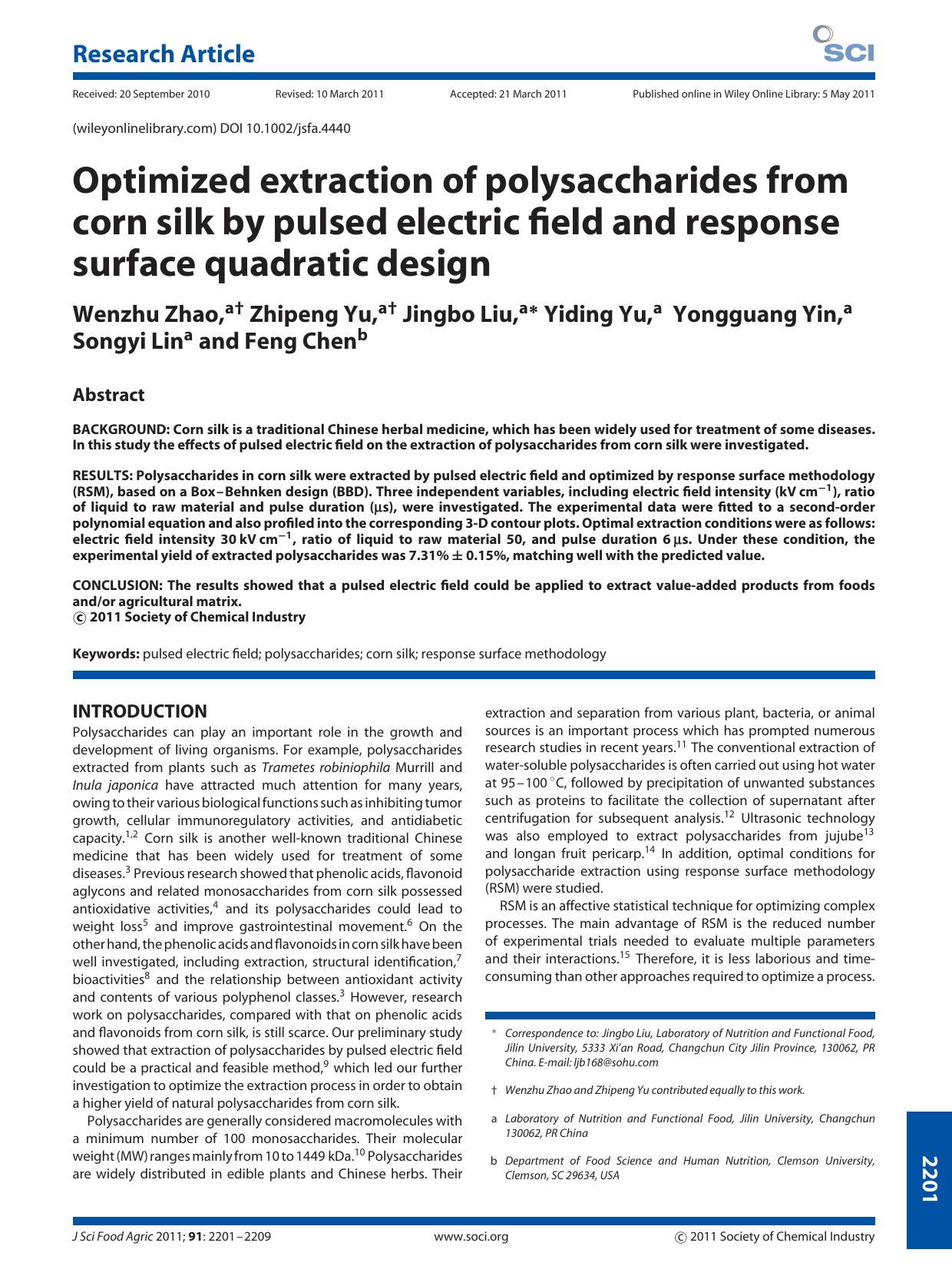 Optimized extraction of polysaccharides from corn silk by pulsed electric field and response surface quadratic design by Unknown