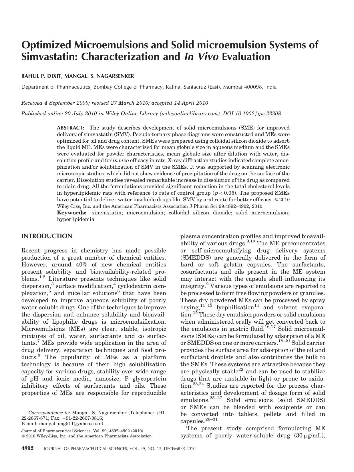 Optimized microemulsions and solid microemulsion systems of simvastatin: Characterization and in vivo evaluation by Unknown
