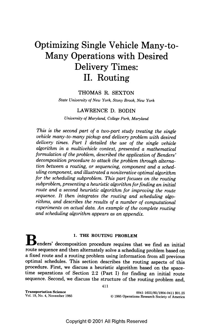 Optimizing Single Vehicle Many-to-Many Operations with Desired Delivery Times: II. Routing by Sexton Thomas R.1 Bodin Lawrence D.2