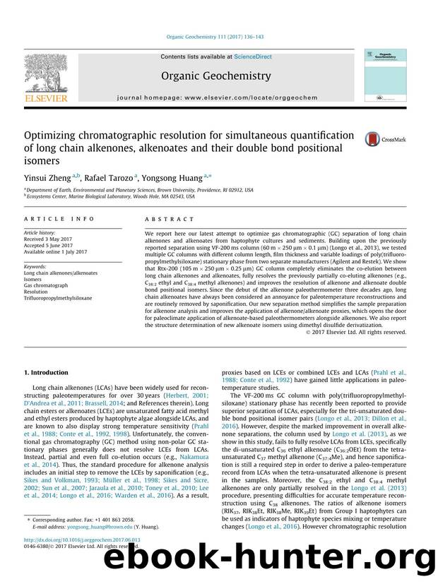 Optimizing chromatographic resolution for simultaneous quantification of long chain alkenones, alkenoates and their double bond positional isomers by Yinsui Zheng & Rafael Tarozo & Yongsong Huang