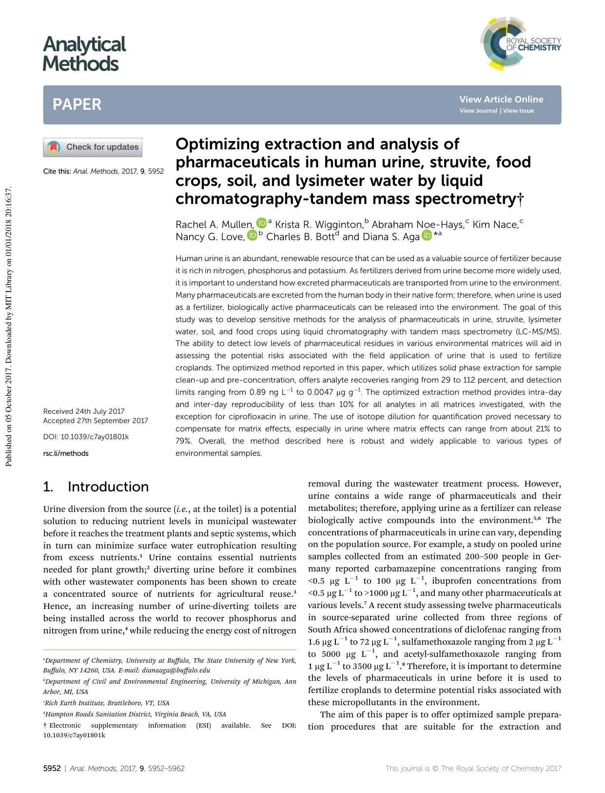 Optimizing extraction and analysis of pharmaceuticals in human urine, struvite, food crops, soil, and lysimeter water by liquid chromatography-tandem mass spectrometry by unknow